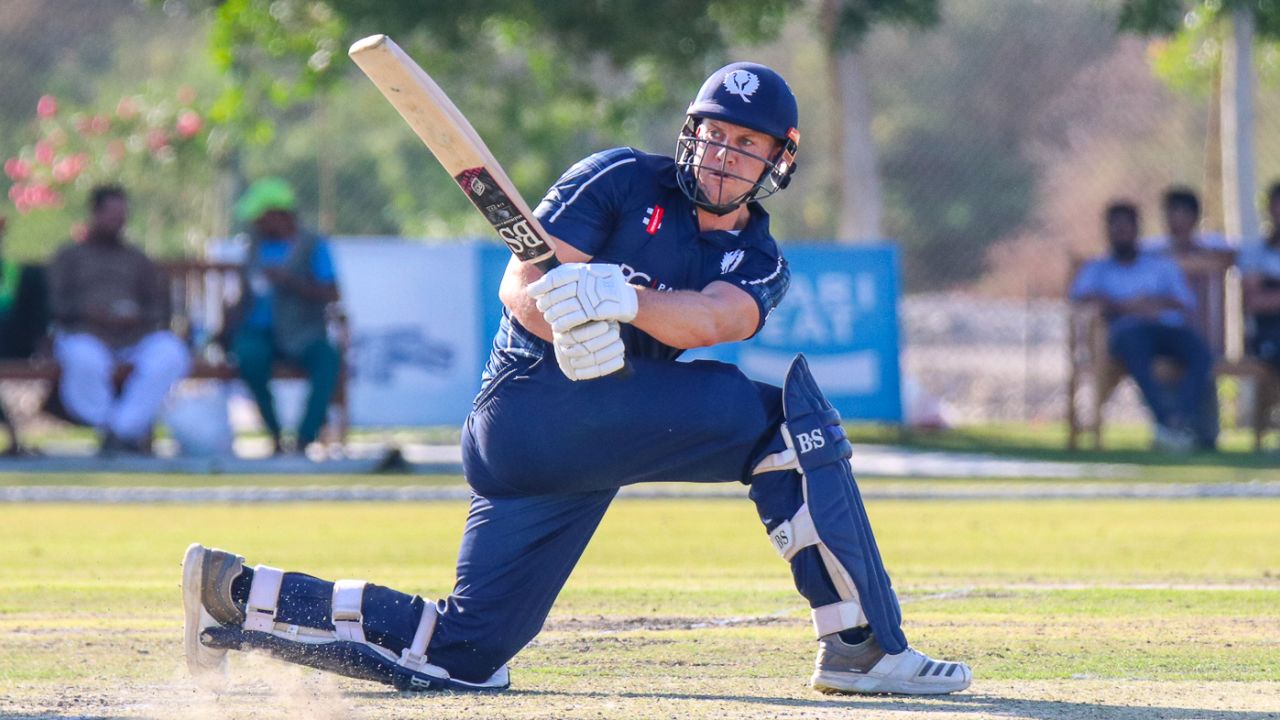 George Munsey connects with a sweep behind square, Ireland v Scotland, Oman Quadrangular T20I Series, Al Amerat, February 15, 2019