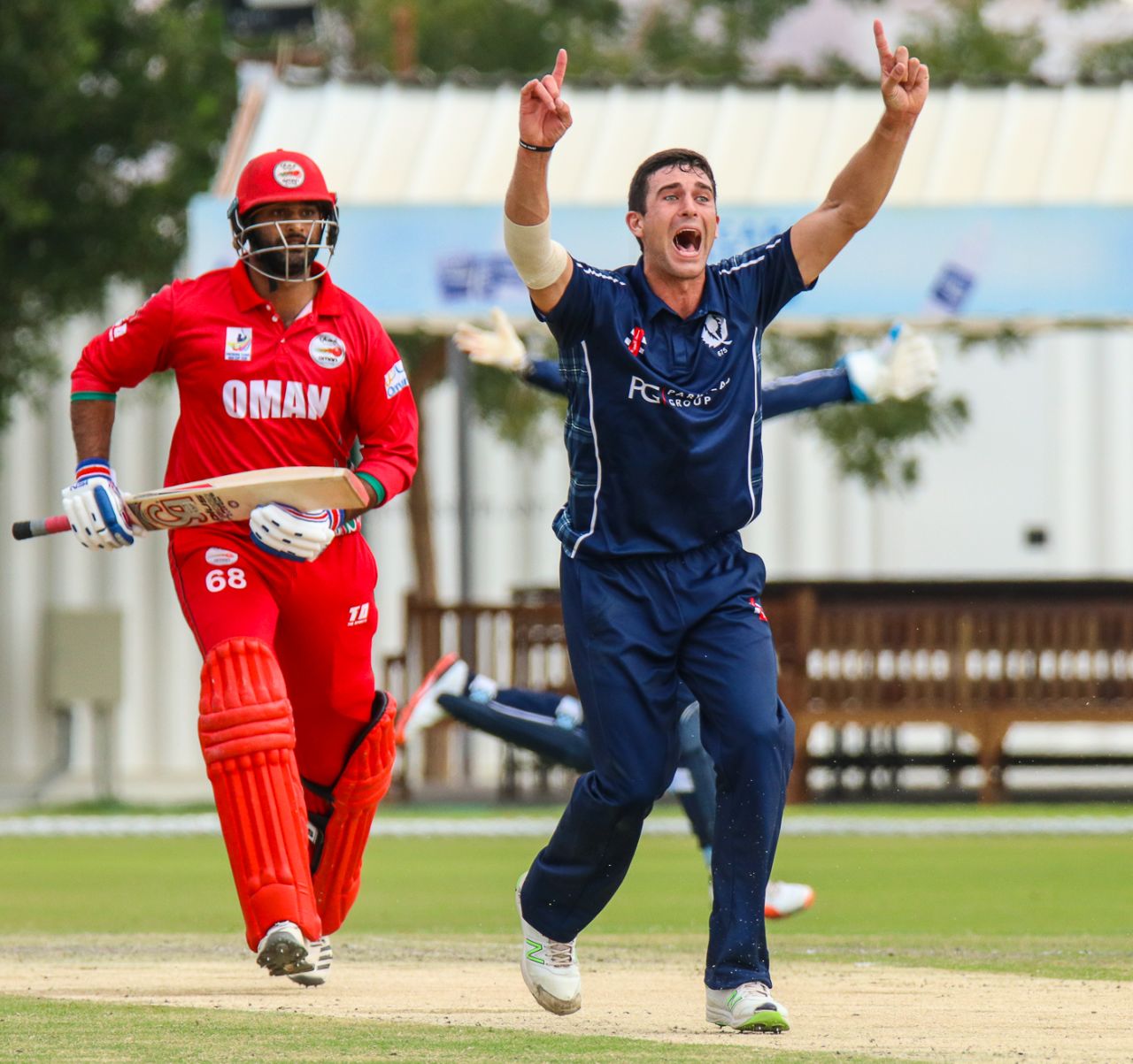 Ruaidhri Smith nabs Khawar Ali with a successful lbw appeal during his spell of 4 for 7, Oman v Scotland, Al Amerat, February 19, 2019