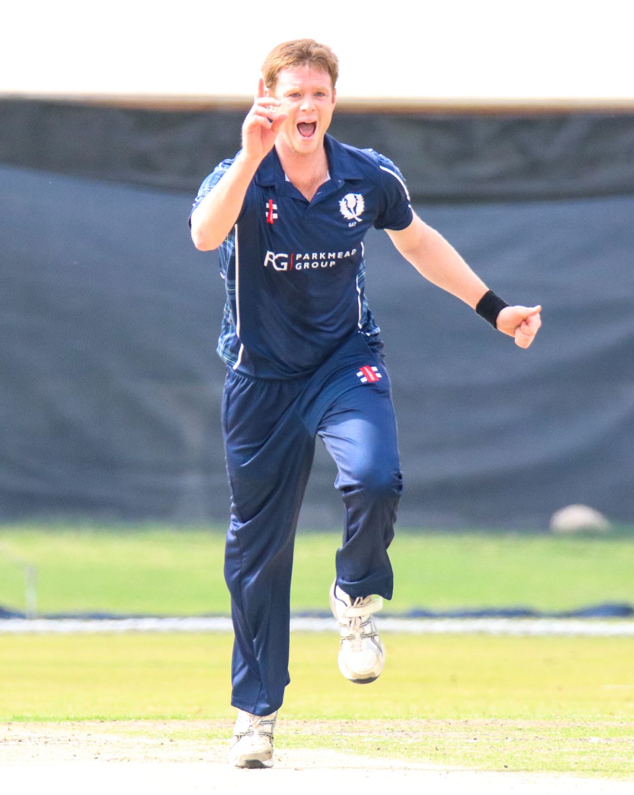 Alasdair Evans goes up with a successful appeal for caught behind, Oman v Scotland, Al Amerat, February 19, 2019