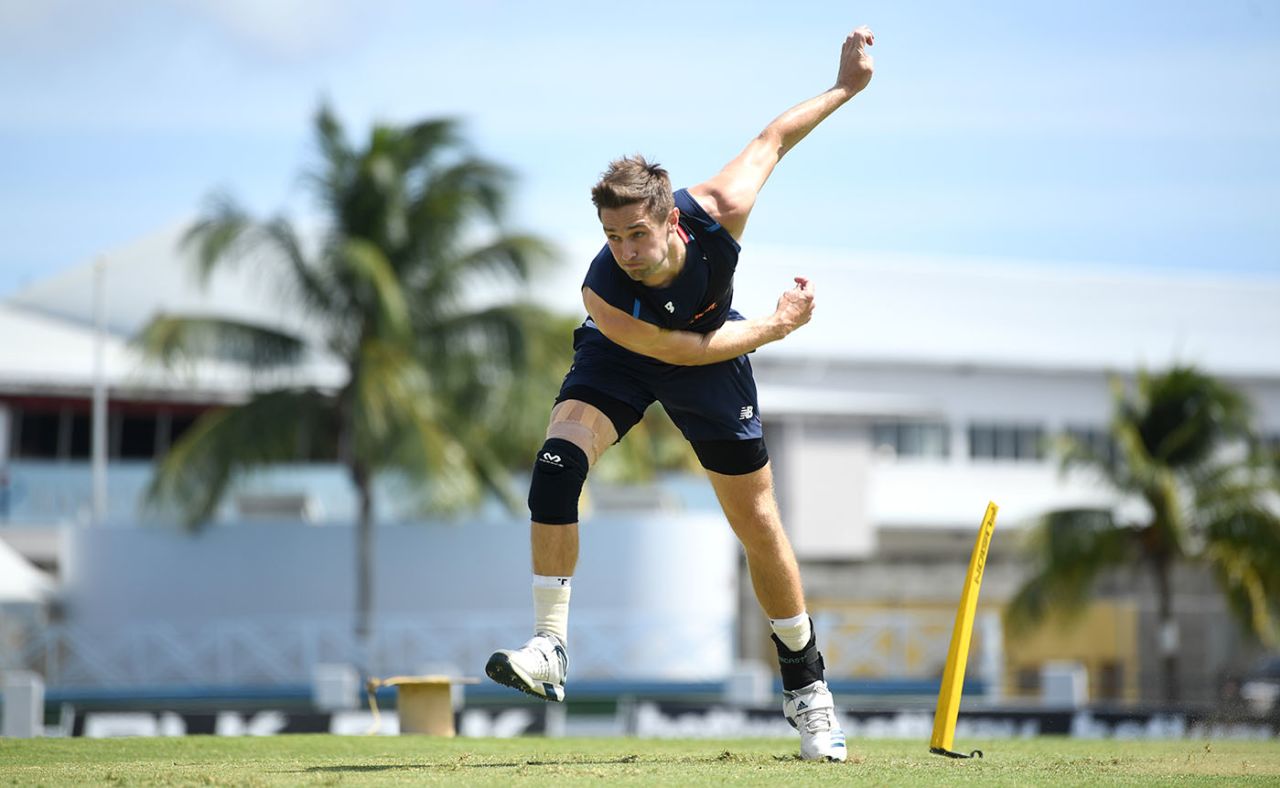 Chris Woakes bowls during England practice, Barbados, February 19, 2019