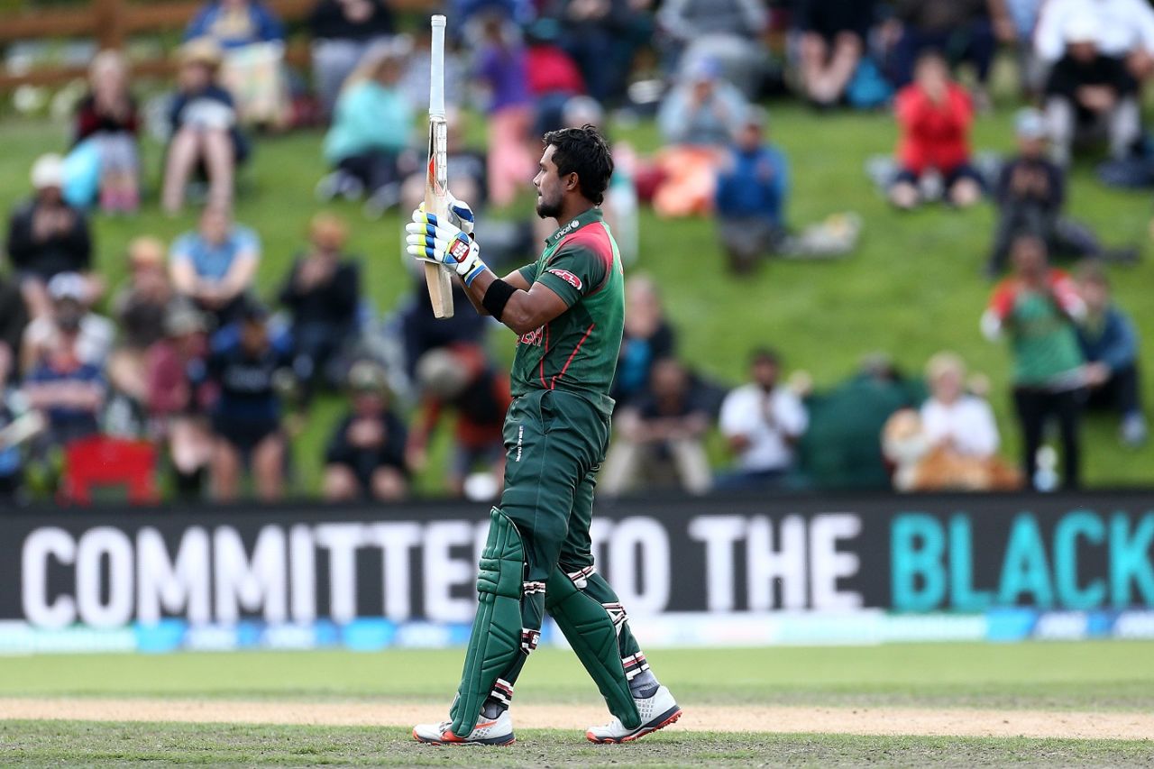 Sabbir Rahman gestures at his bat while celebrating his first international century, New Zealand v Bangladesh, 3rd ODI, Dunedin, February 20, 2019