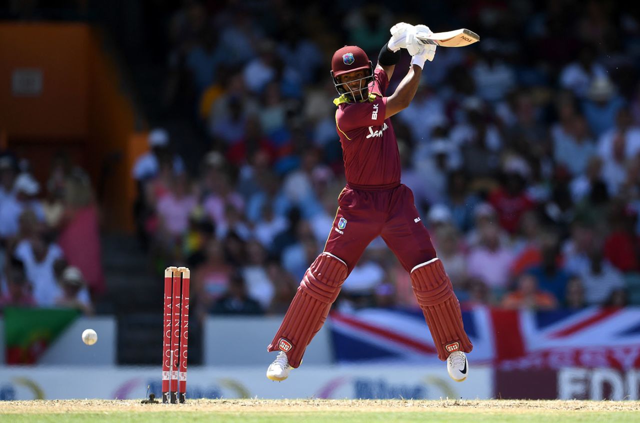 Shai Hope jumps to punch through the off side, West Indies v England, 1st ODI, Barbados, February 20, 2019
