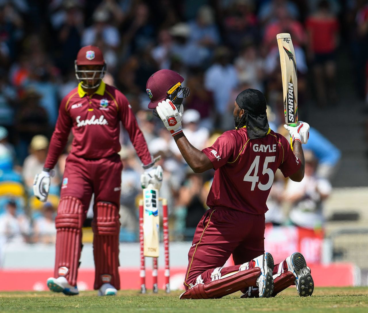 Chris Gayle celebrates his comeback century, West Indies v England, 1st ODI, Barbados, February 20, 2019 