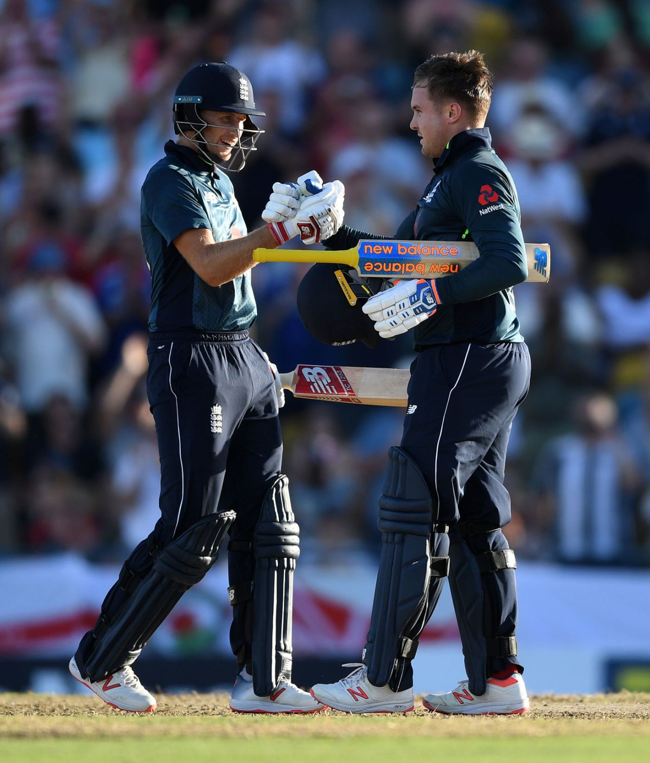 Joe Root congratulates Jason Roy on his century, West Indies v England, 1st ODI, Barbados, February 20, 2019
