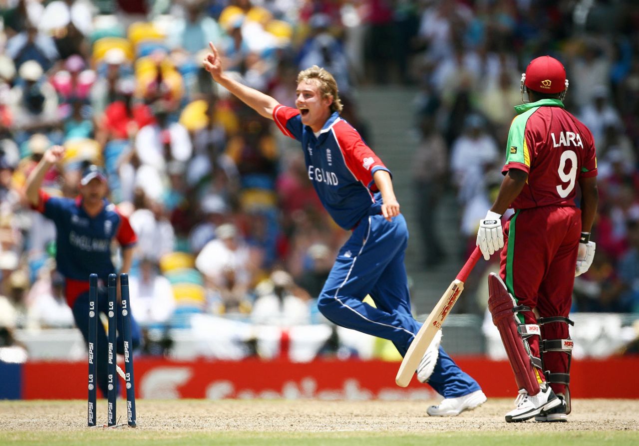 Stuart Broad celebrates Brian Lara's dismissal, England v West Indies, Super Eights, Barbados, April 21, 2007