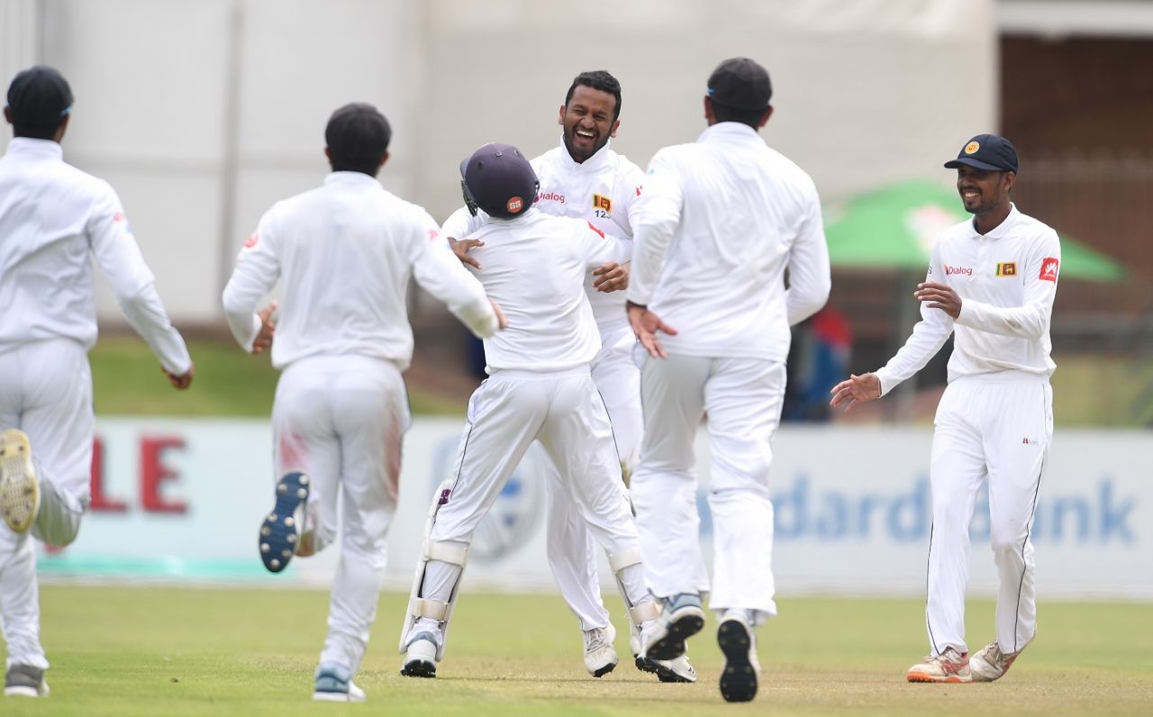 Dimuth Karunaratne was elated after dismissing Faf du Plessis on the stroke of lunch, South Africa v Sri Lanka, 2nd Test, Port Elizabeth, 1st day, February 21, 2019