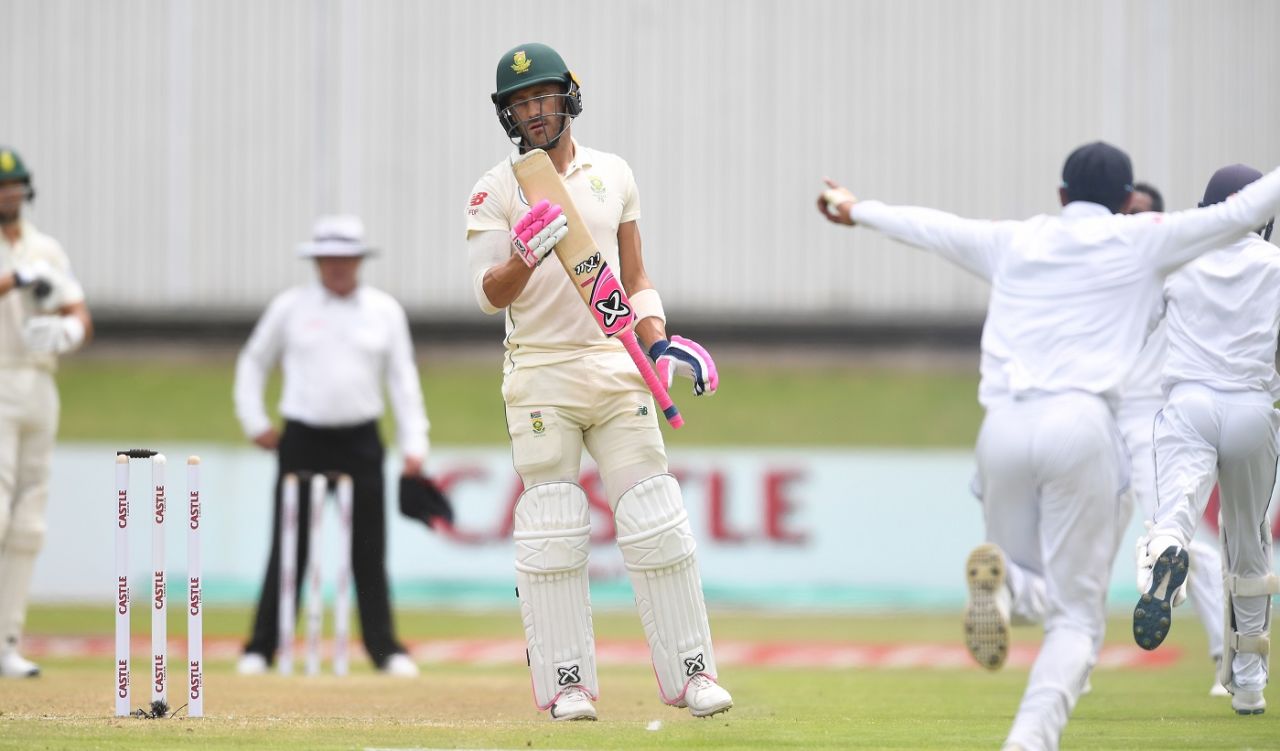 Faf du Plessis reacts after being bowled off the last ball before lunch, South Africa v Sri Lanka, 2nd Test, Port Elizabeth, 1st day, February 21, 2019