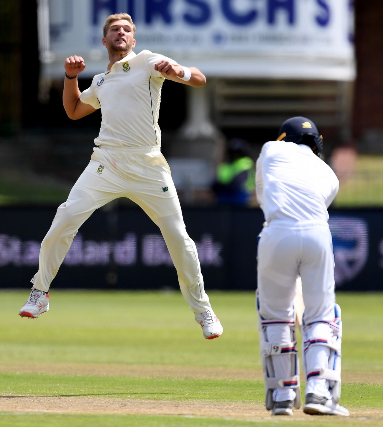 Wiaan Mulder celebrates the dismissal of Dhananjaya de Silva, South Africa v Sri Lanka, 2nd Test, Port Elizabeth, 2nd day, February 22, 2019