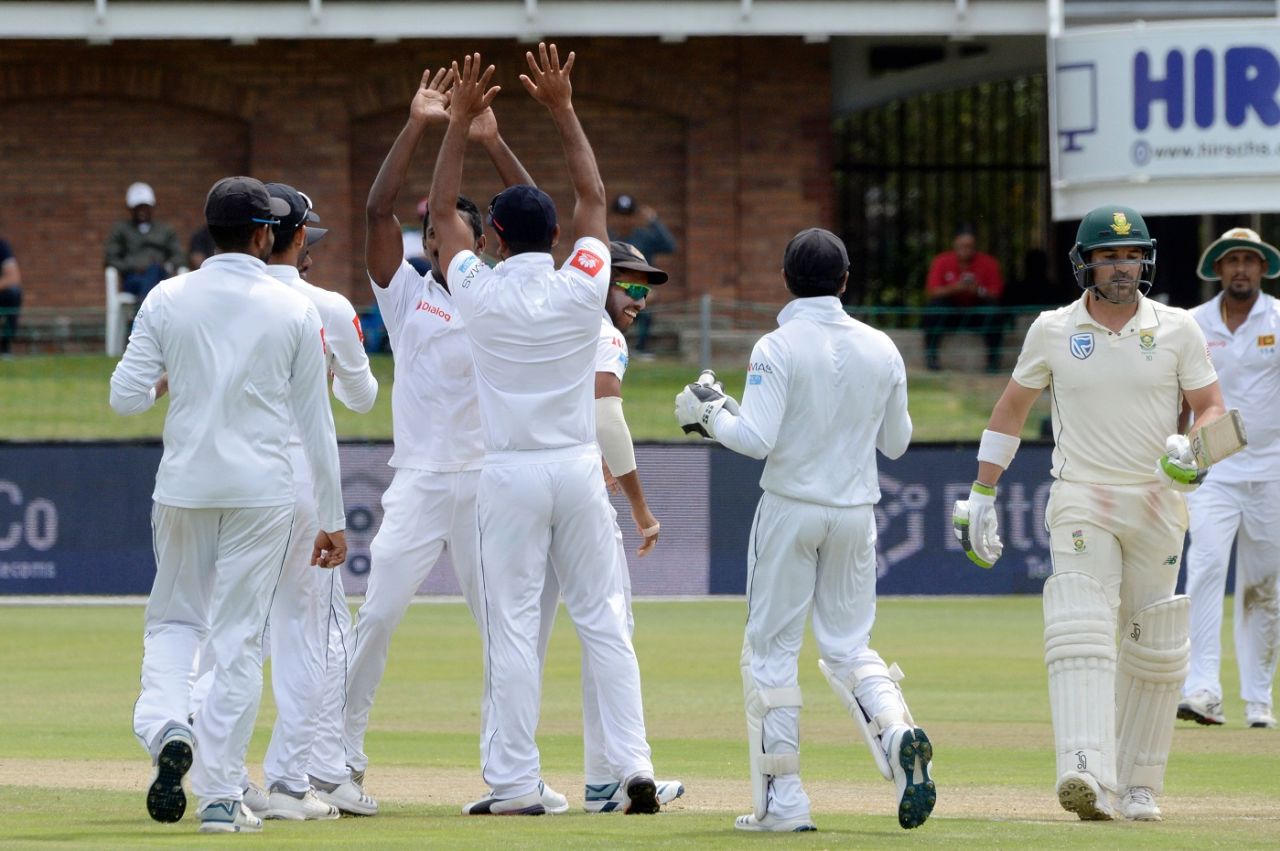 Vishwa Fernando removes Dean Elgar early in the second innings, South Africa v Sri Lanka, 2nd Test, Port Elizabeth, 2nd day, February 22, 2019