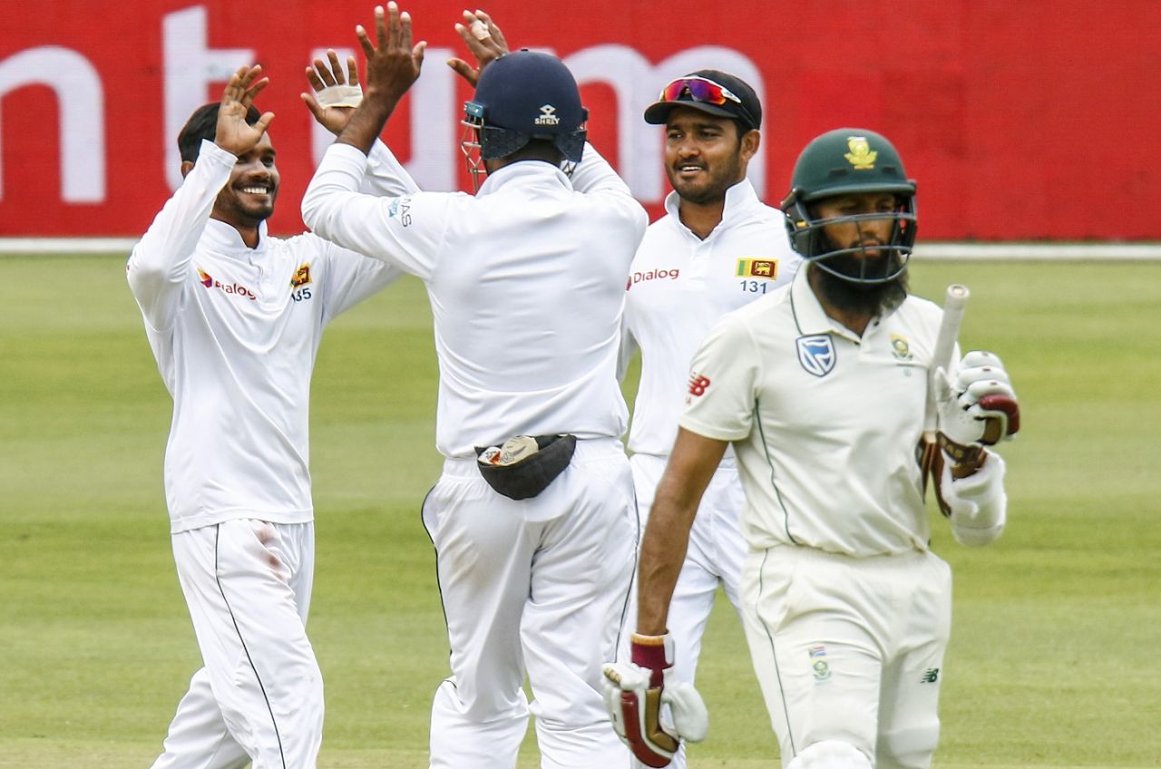 Hashim Amla is dismissed by Dhananjaya de Silva, South Africa v Sri Lanka, 2nd Test, Port Elizabeth, 2nd day, February 22, 2019