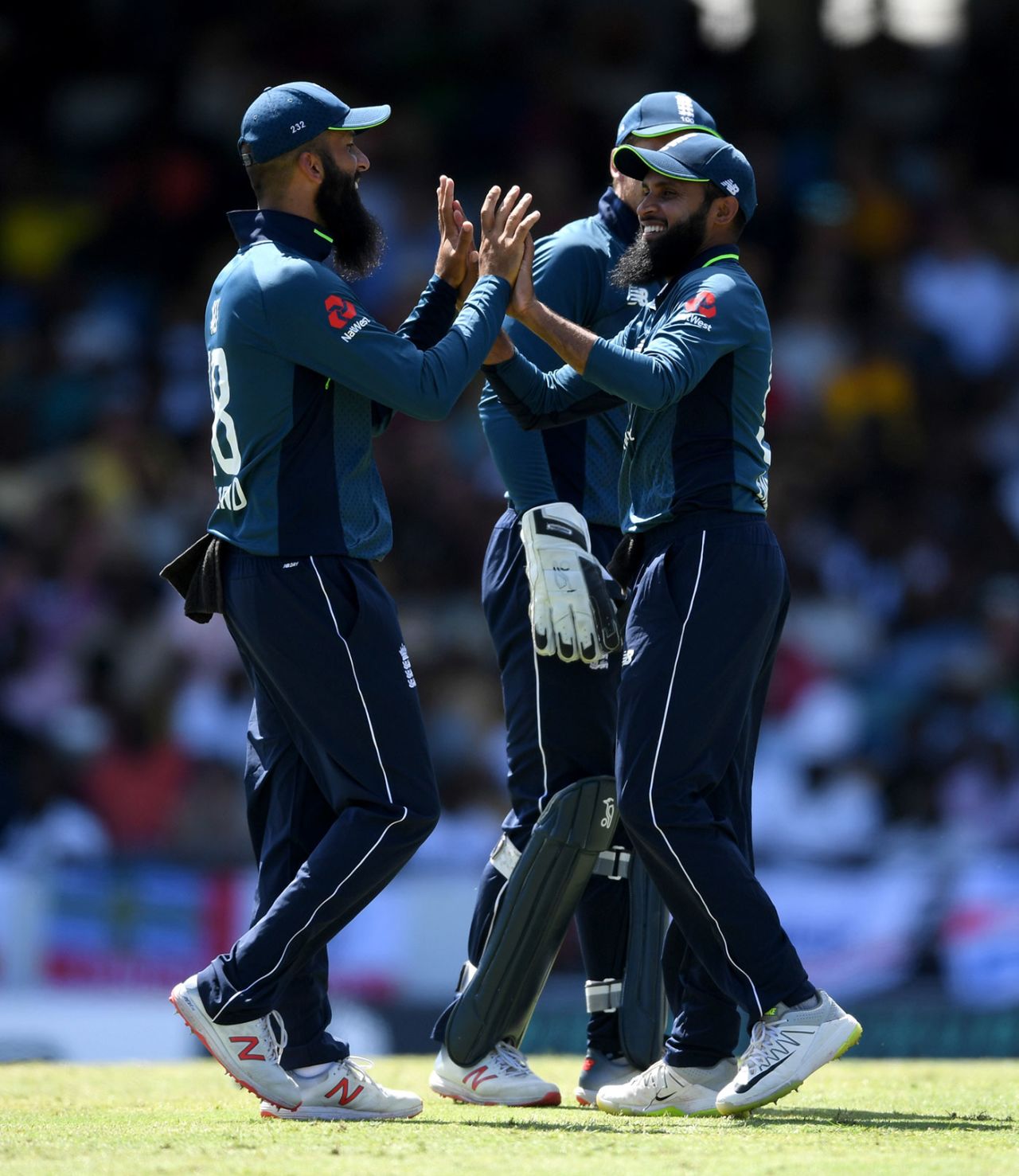 Moeen Ali and Adil Rashid celebrate another breakthrough, West Indies v England, 2nd ODI, Barbados, February 22, 2019