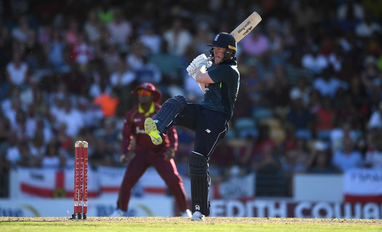Eoin Morgan pulls through the leg side, West Indies v England, 2nd ODI, Barbados, February 22, 2019