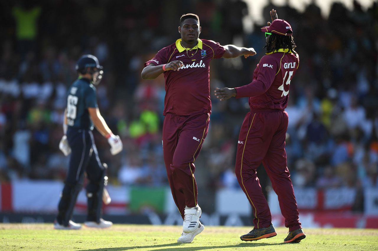 Oshane Thomas claims the wicket of Joe Root, West Indies v England, 2nd ODI, Barbados, February 22, 2019