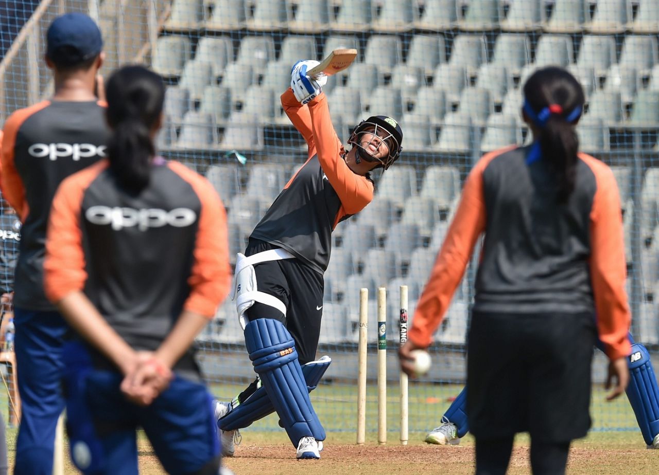 Smriti Mandhana smashes one in the nets, India v England, 1st women's ODI, Mumbai, February 21, 2019
