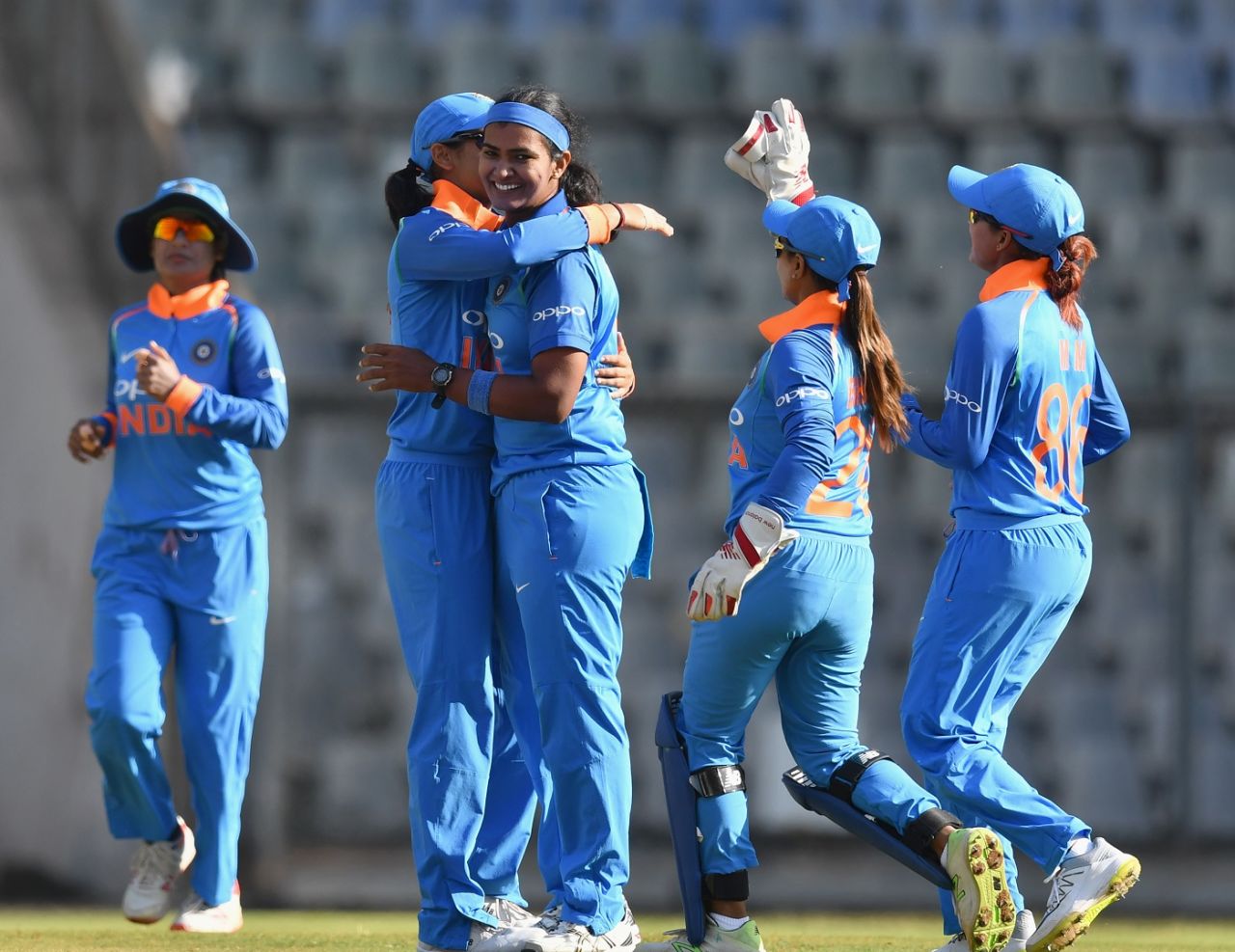 Fast bowler Shikha Pandey celebrates a wicket with her team-mates, India v England, 2nd ODI, Mumbai, February 25, 2019