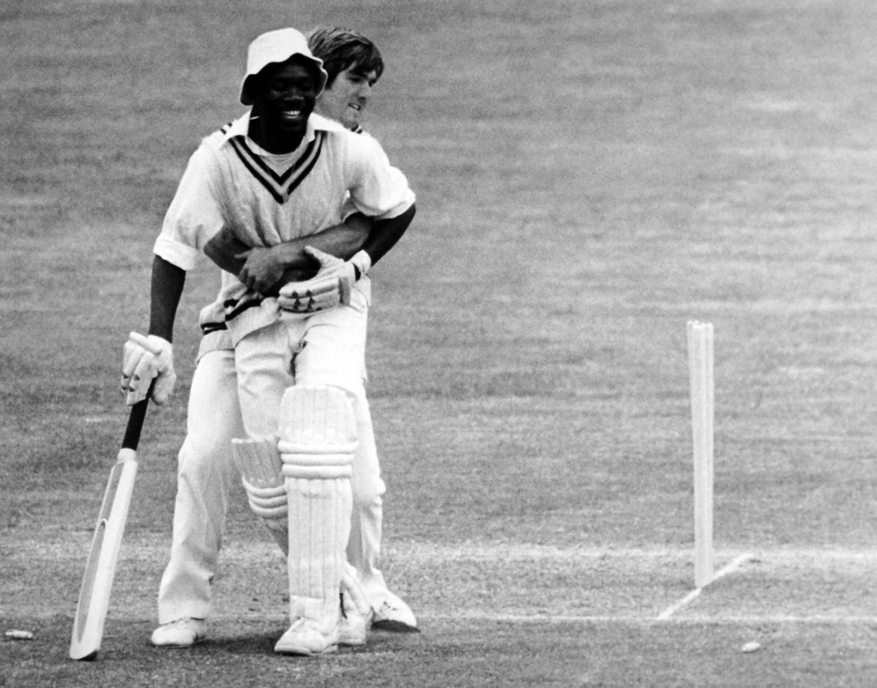 Mike Gatting gives Malcolm Marshall a bear hug after trying to run him out, Middlesex v Hampshire, Gillette Cup, Lord's, July 18, 1979