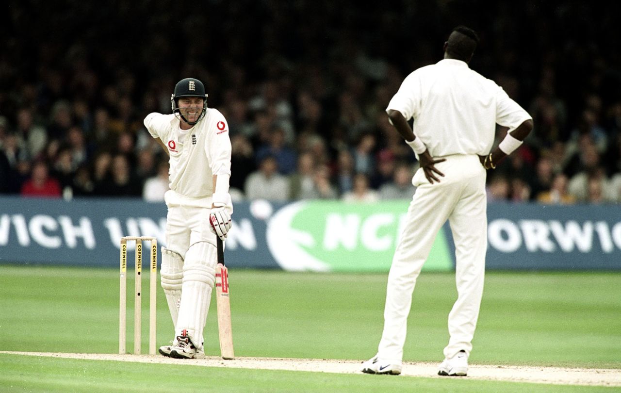 Mike Atherton grins at Curtly Ambrose, England v West Indies, 2nd Test, Lord's, 3rd day, July 1, 2000