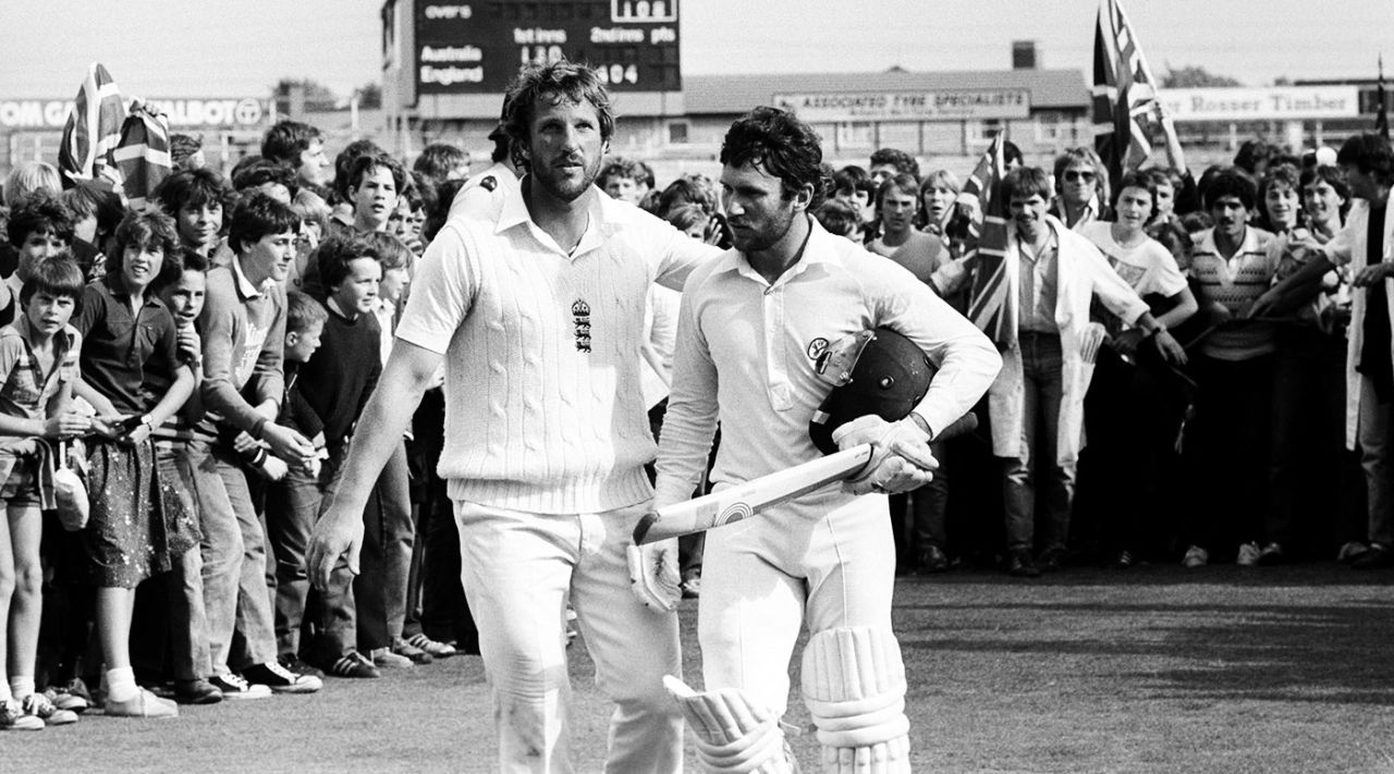 Ian Botham commiserates with Allan Border, who made an unbeaten century in the second innings, England v Australia, 5th Test, Old Trafford, 5th day, August 17, 1981