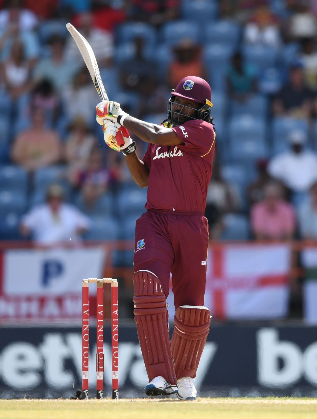 Chris Gayle muscles through the leg side, West Indies v England, 4th ODI, Grenada, February 27, 2019