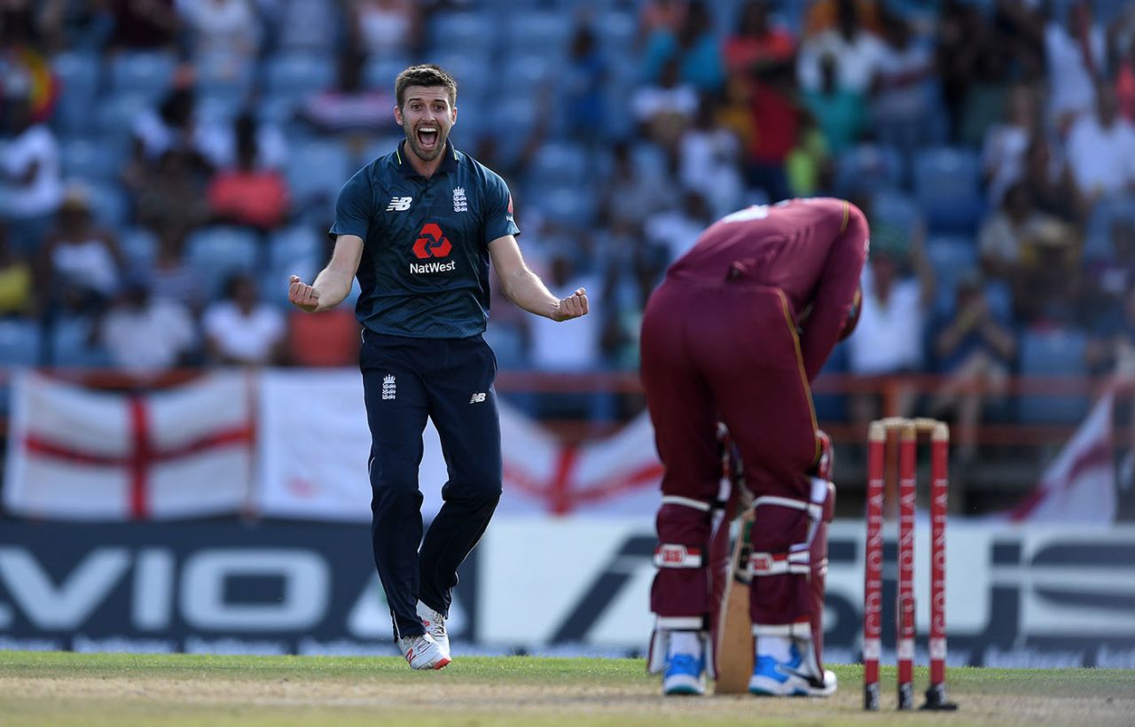 Mark Wood celebrates another wicket, West Indies v England, 4th ODI, Grenada, February 27, 2019