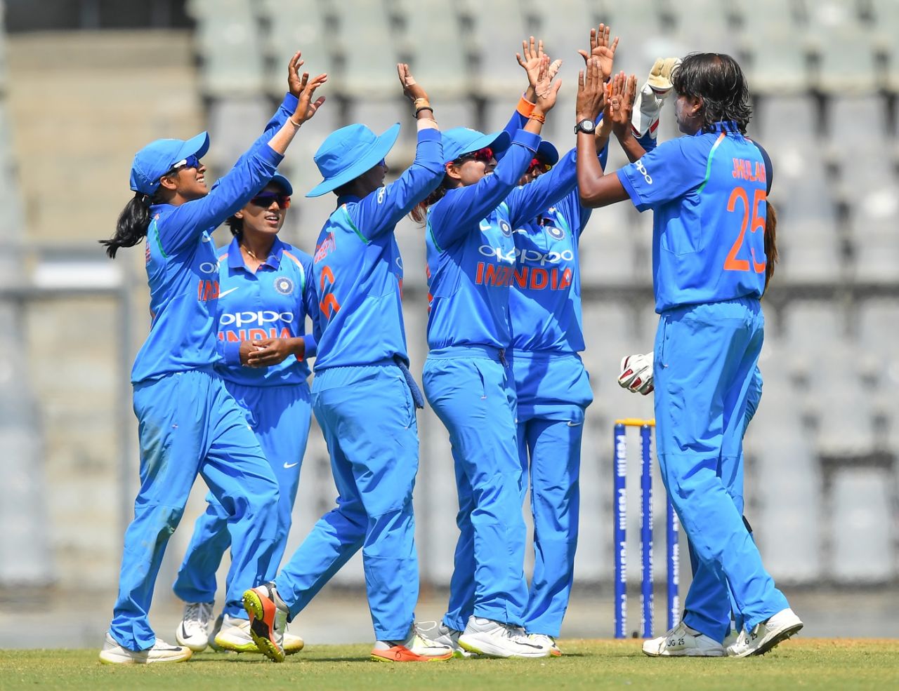 Jhulan Goswami celebrates a wicket with team-members, India Women v England Women, 3rd ODI, Mumbai, February 28, 2019