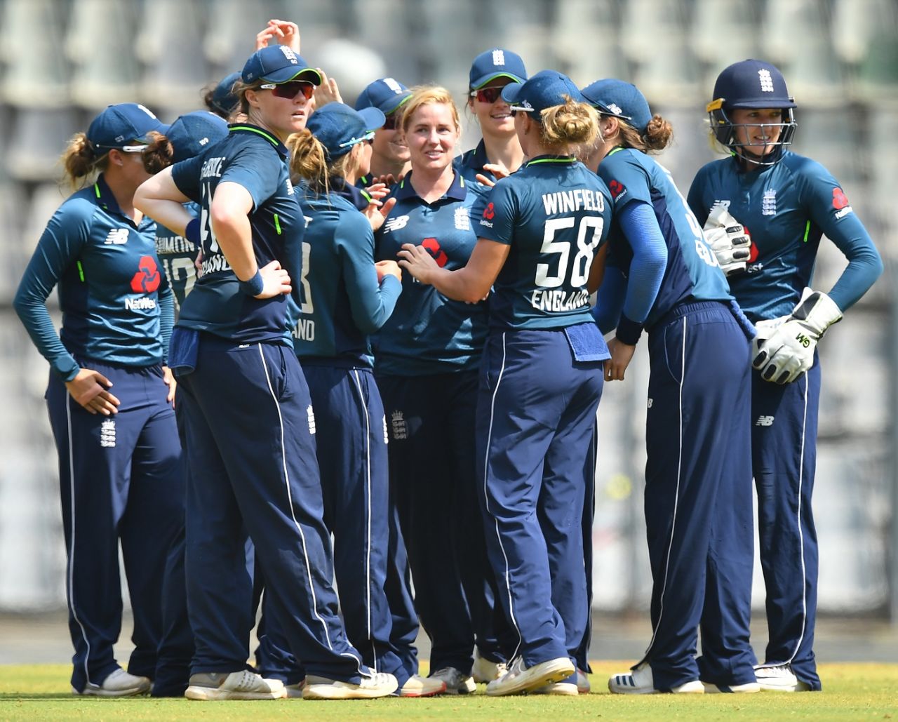 Katherine Brunt celebrates with her team-mates after a wicket, India Women v England Women, 3rd ODI, Mumbai, February 28, 2019