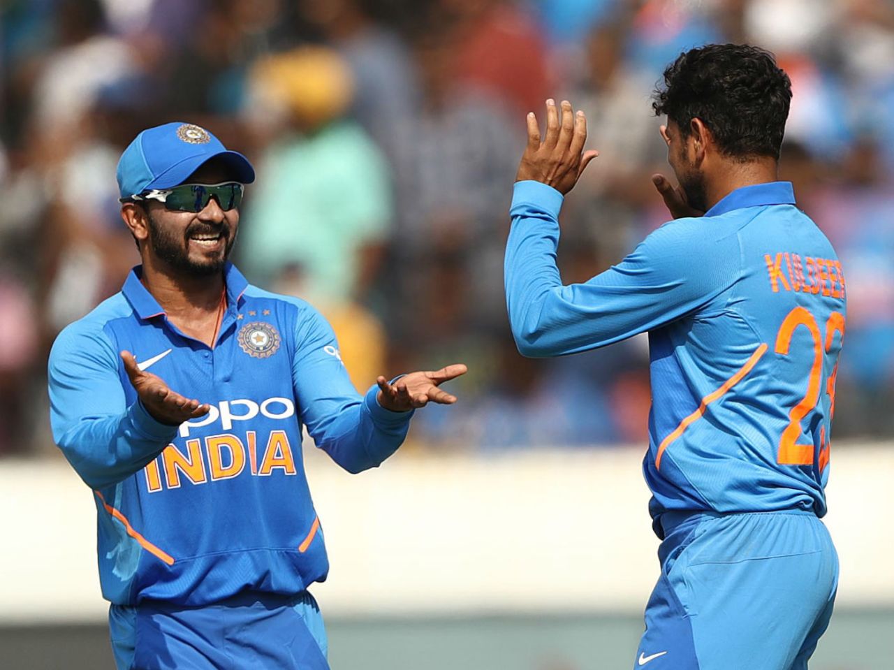 Kuldeep Yadav and Kedar Jadhav celebrate, India v Australia, 1st ODI, Hyderabad, March 1, 2019
