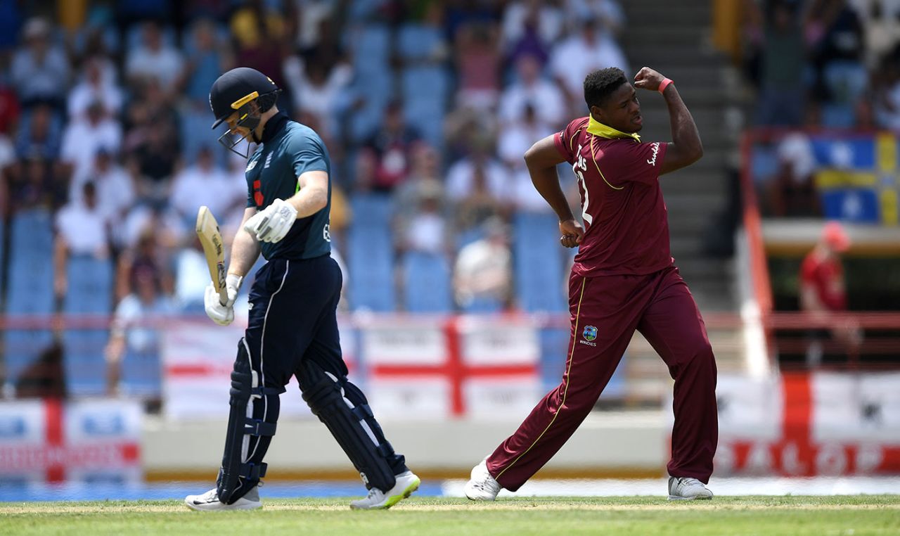 Eoin Morgan falls to Oshane Thomas, West Indies v England, 5th ODI, St Lucia, March 2, 2019