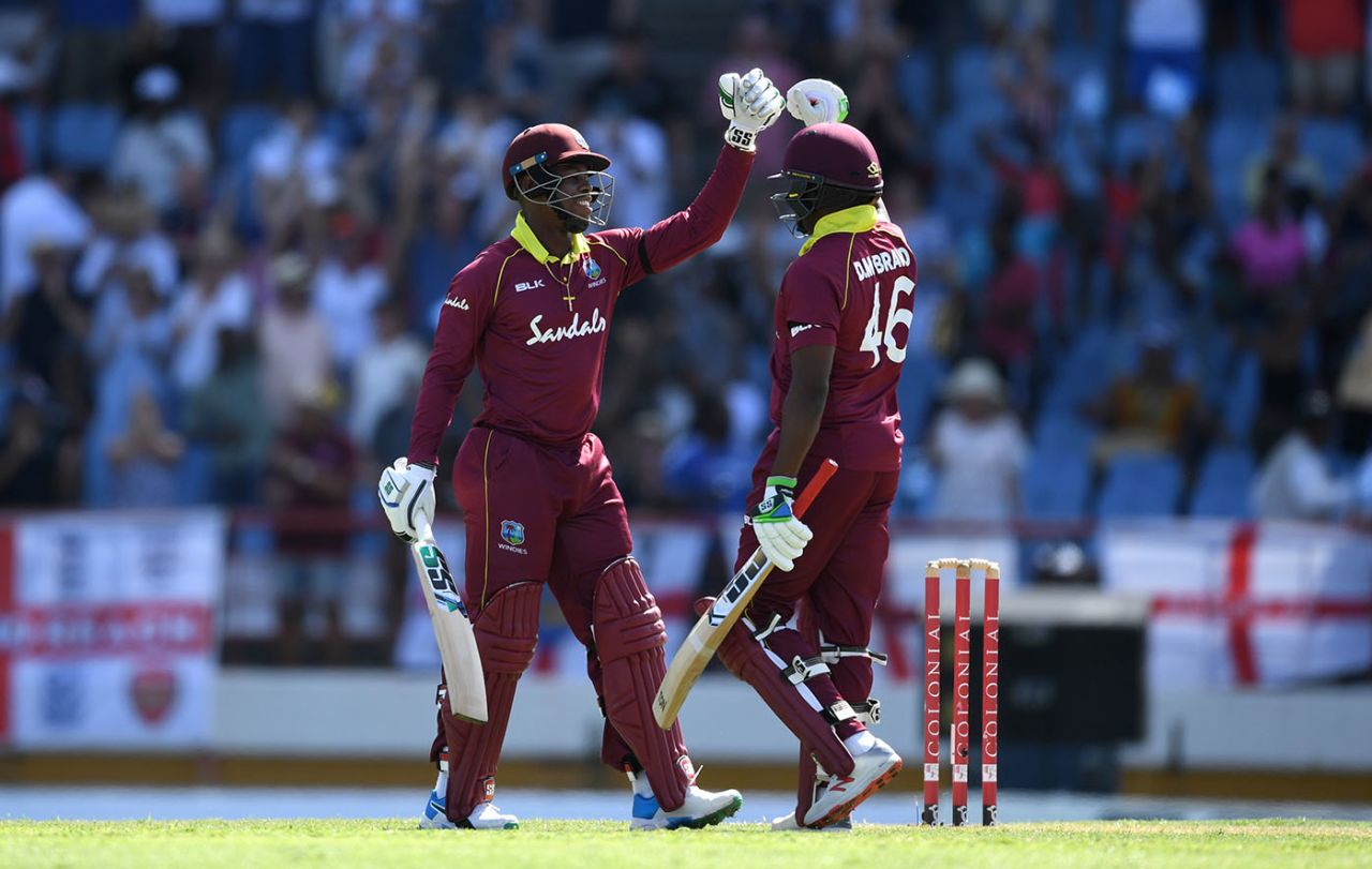 Shimron Hetmyer and Darren Bravo celebrate winning the match, West Indies v England, 5th ODI, St Lucia, March 2, 2019 