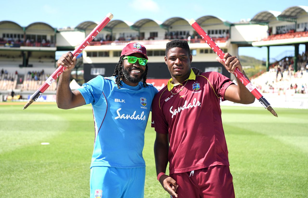 Chris Gayle and Oshane Thomas celebrate winning the 5th ODI, West Indies v England, 5th ODI, St Lucia, March 2, 2019 