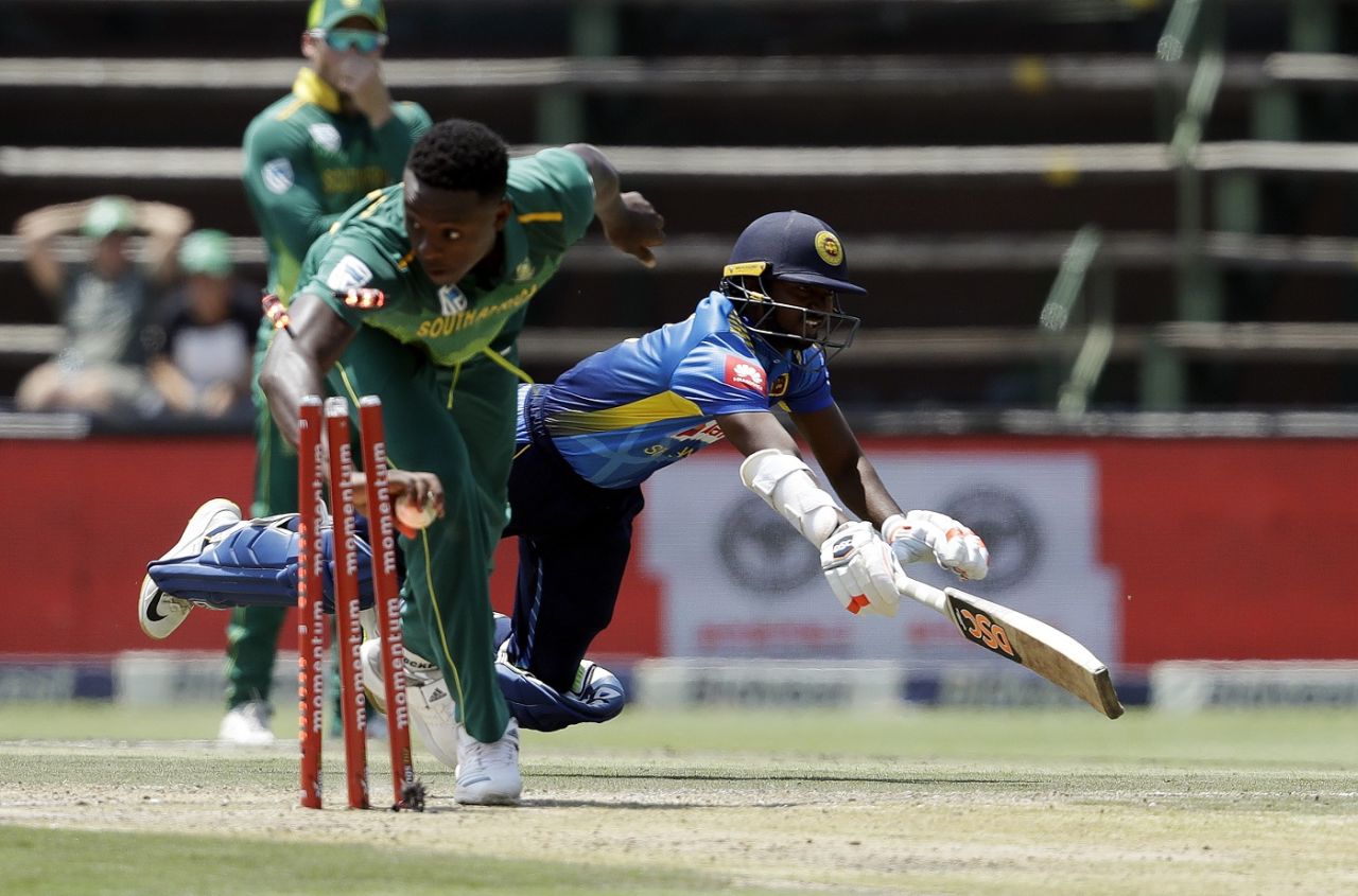 Kagiso Rabada breaks the stumps to find Akila Dananjaya short, South Africa v Sri Lanka, 1st ODI, Johannesburg, March 3, 2019