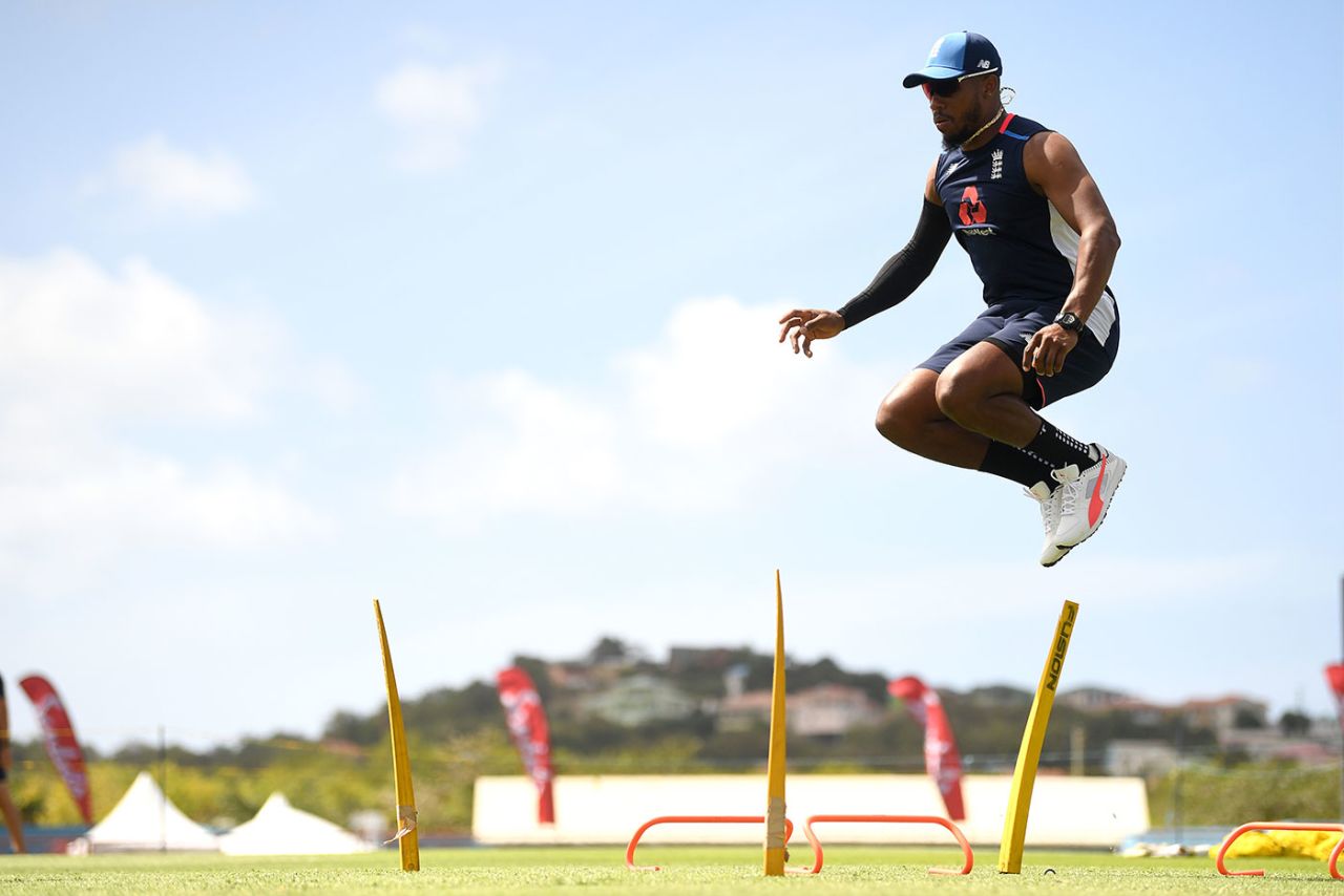 Chris Jordan leaps during training, West Indies v England, 1st T20I, St Lucia, March 4, 2019