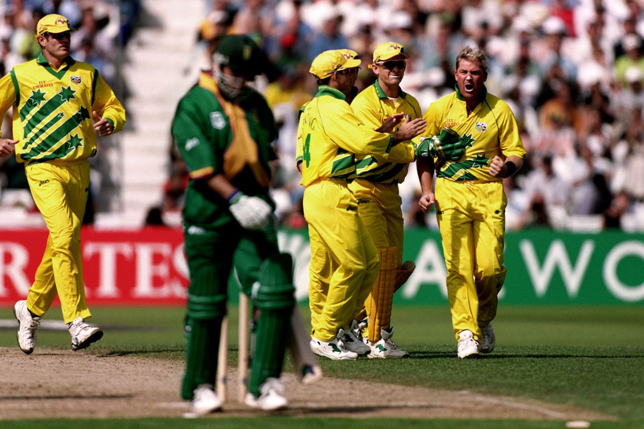 Herschelle Gibbs is dismissed by Shane Warne, Australia v South Africa, 2nd semi-final, World Cup, Edgbaston, Birmingham, June 17, 1999
