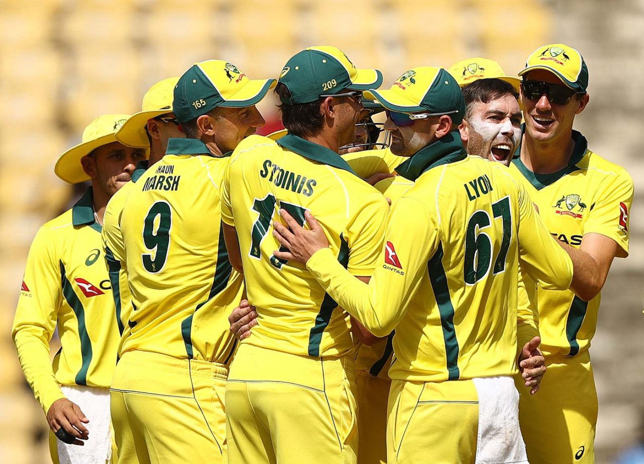 Glenn Maxwell mobbed by his teammates after taking a wicket, India v Australia, 2nd ODI, Nagpur, March 5, 2019