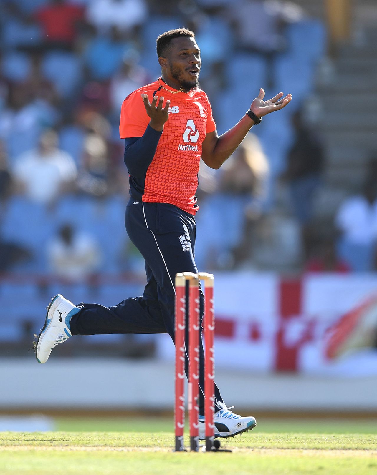 Chris Jordan celebrates the scalp of Chris Gayle, West Indies v England, 1st T20I, St Lucia, March 5, 2019