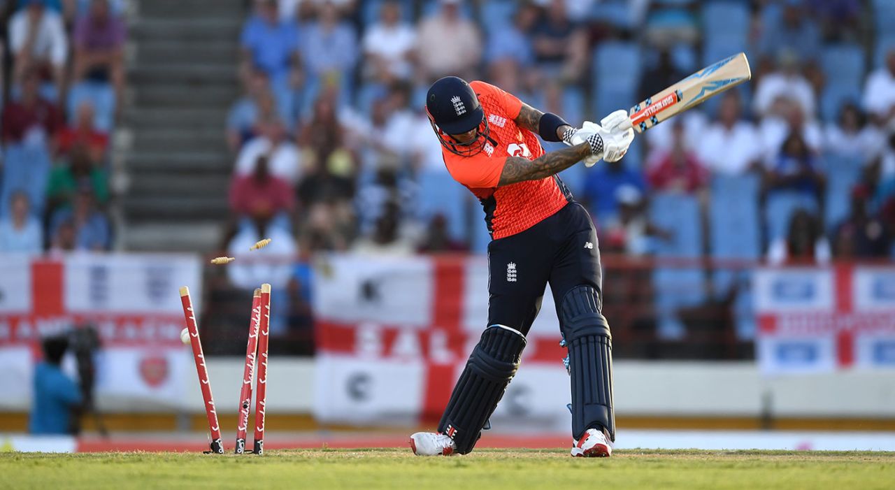 Alex Hales was bowled by Sheldon Cottrell, West Indies v England, 1st T20I, St Lucia, March 5, 2019
