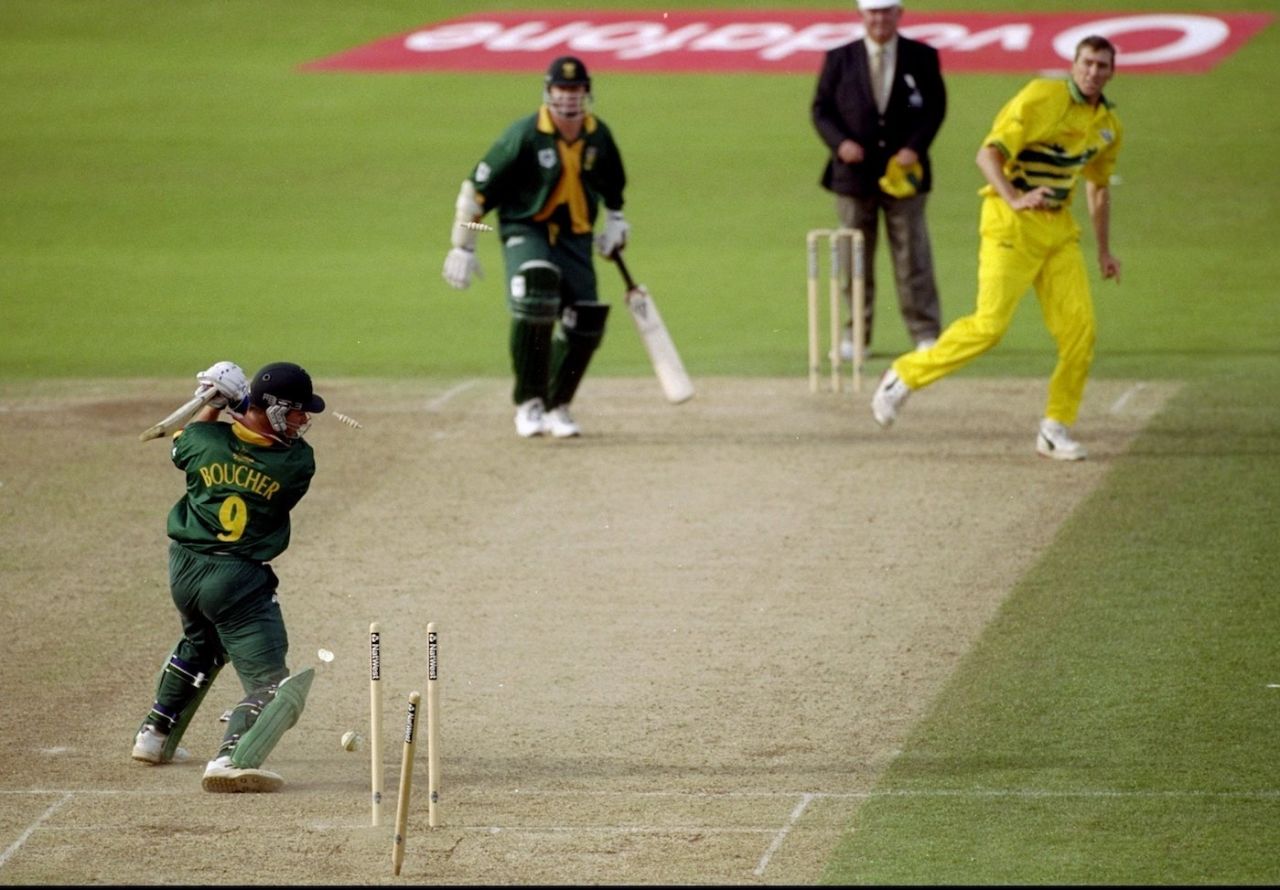 Mark Boucher is out bowled by Glenn McGrath, Australia v South Africa, 2nd semi-final, World Cup, Edgbaston, Birmingham, June 17, 1999