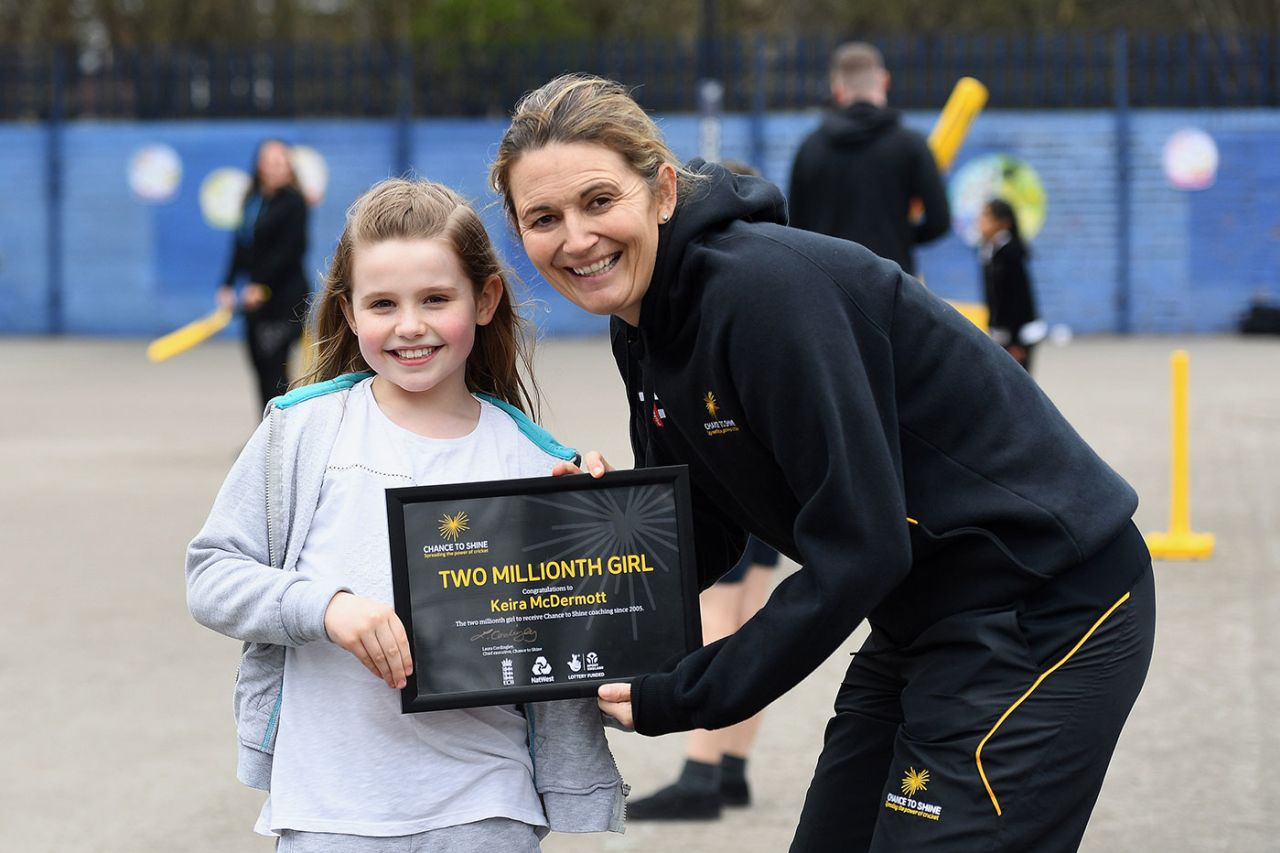 Charlotte Edwards with Keira McDermott, the two millionth girl to come through Chance to Shine's schools programme, March 8, 2019