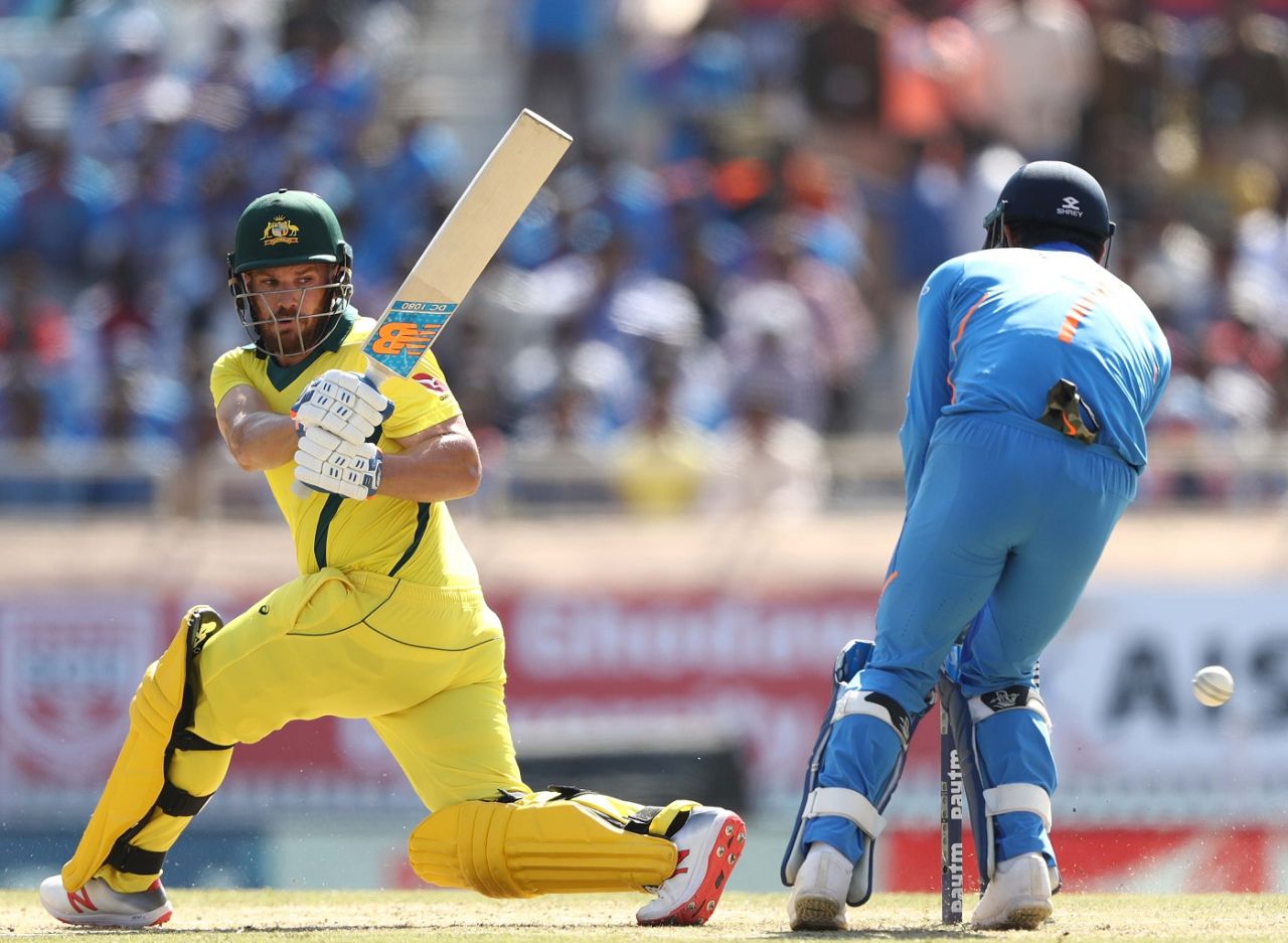 Aaron Finch plays a fine sweep, India v Australia, 3rd ODI, Ranchi, March 8, 2019