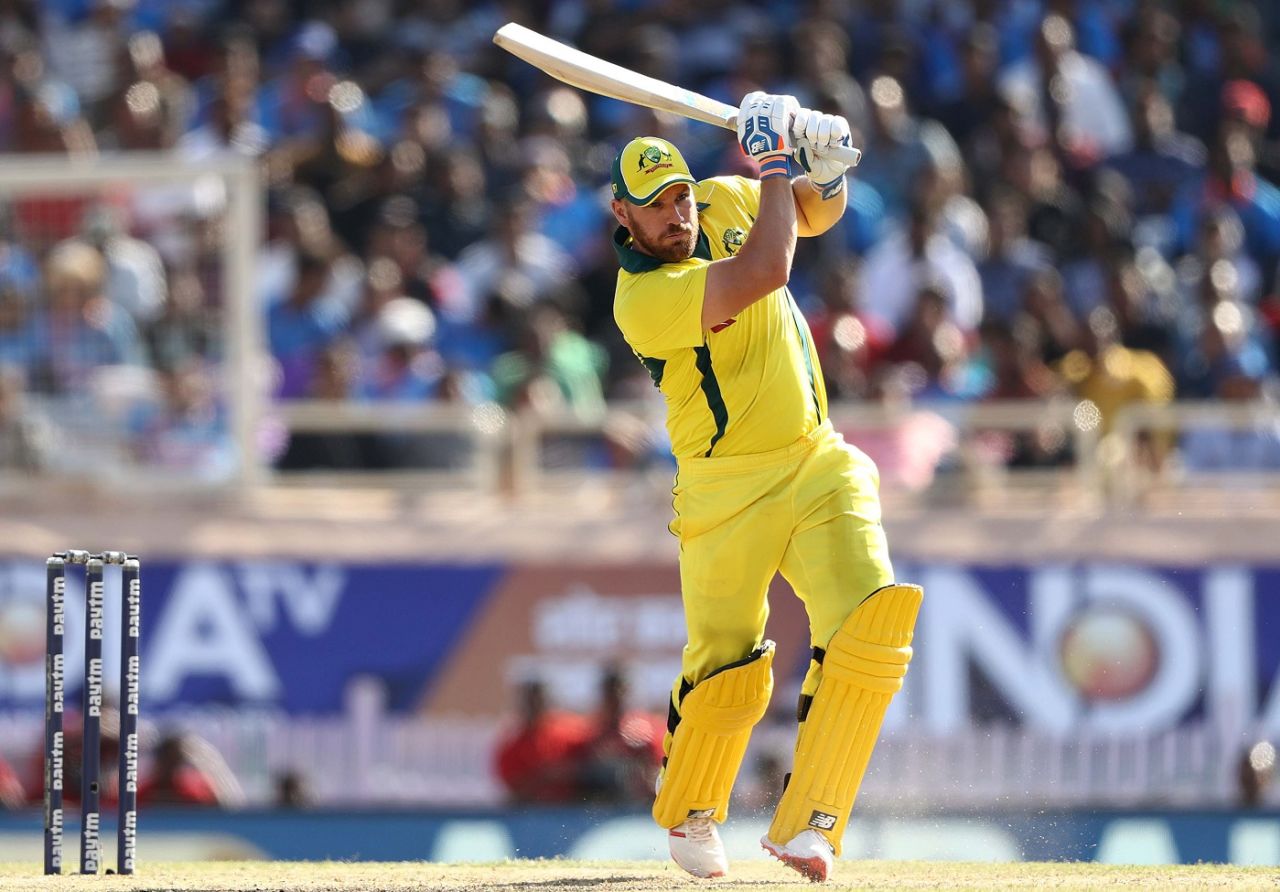 Aaron Finch drives one straight down the ground, India v Australia, 3rd ODI, Ranchi, March 8, 2019