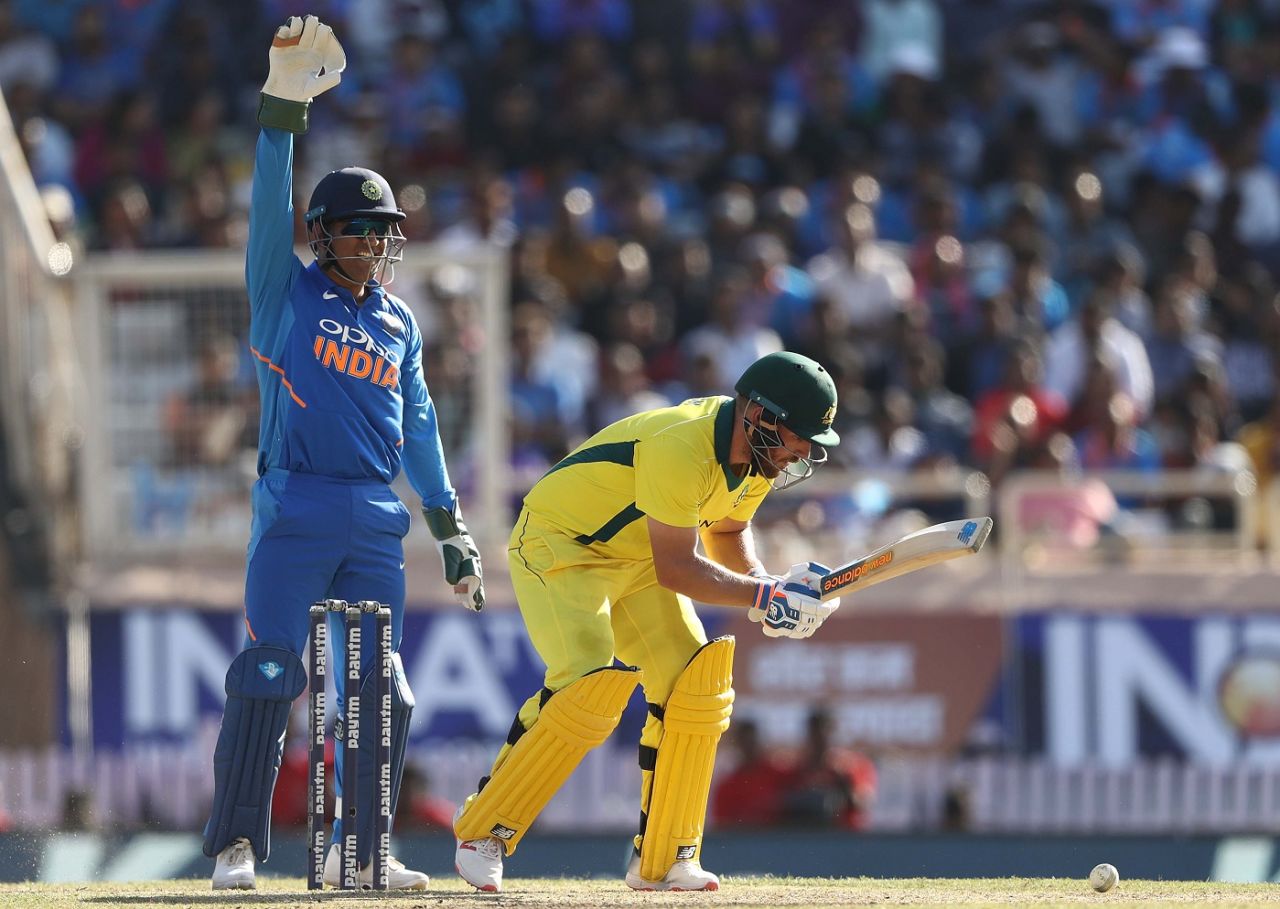 Aaron Finch eventually fell to Kuldeep Yadav after attempting a sweep, India v Australia, 3rd ODI, Ranchi, March 8, 2019