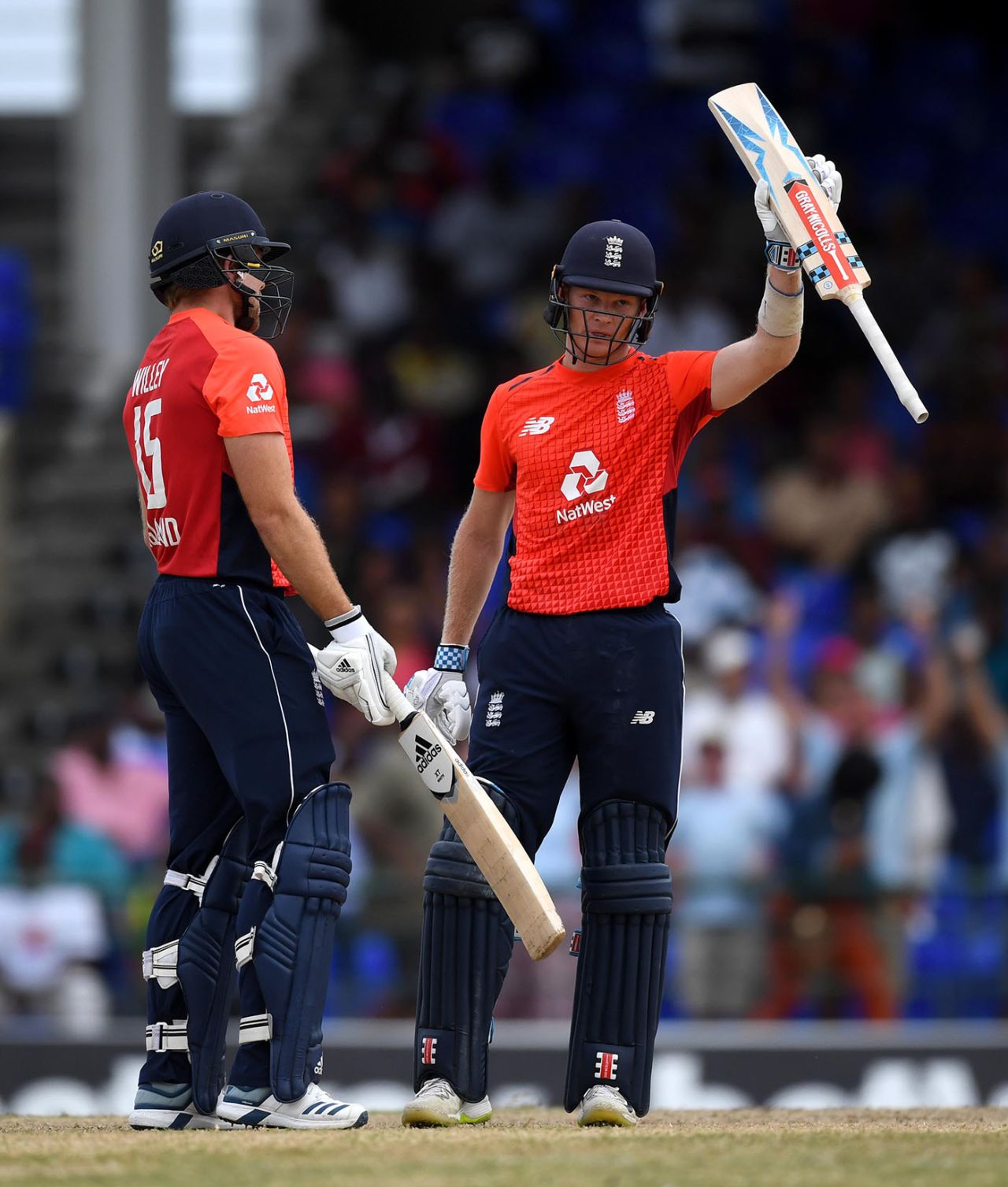 Sam Billings raises his bat on reaching fifty, West Indies v England, 2nd T20I, , St Kitts, March 8, 2019