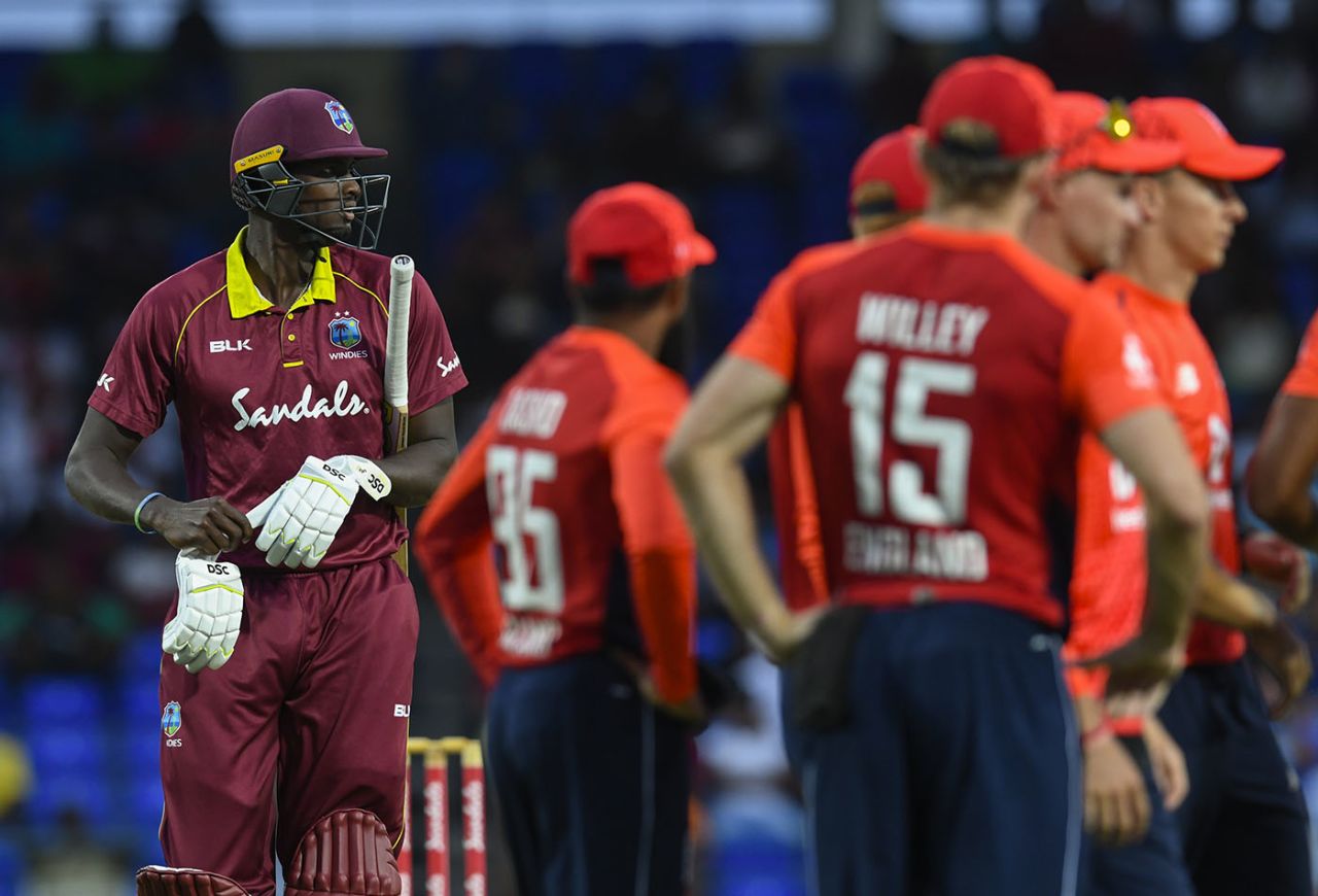 Jason Holder walks off after making a golden duck, West Indies v England, 2nd T20I, , St Kitts, March 8, 2019