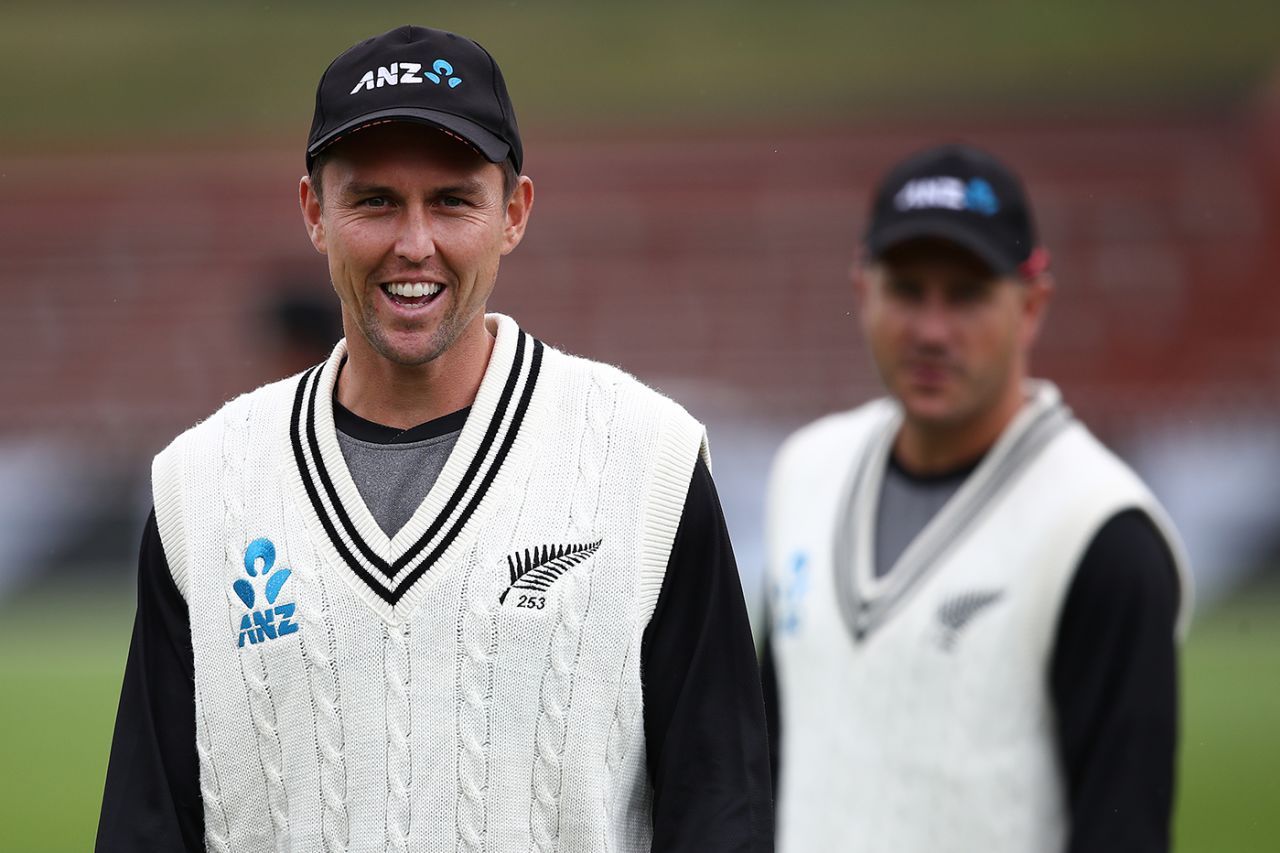 Trent Boult and Neil Wagner warm up at the Basin Reserve, New Zealand v Bangladesh, 2nd Test, Wellington, 2nd day, March 9, 2019