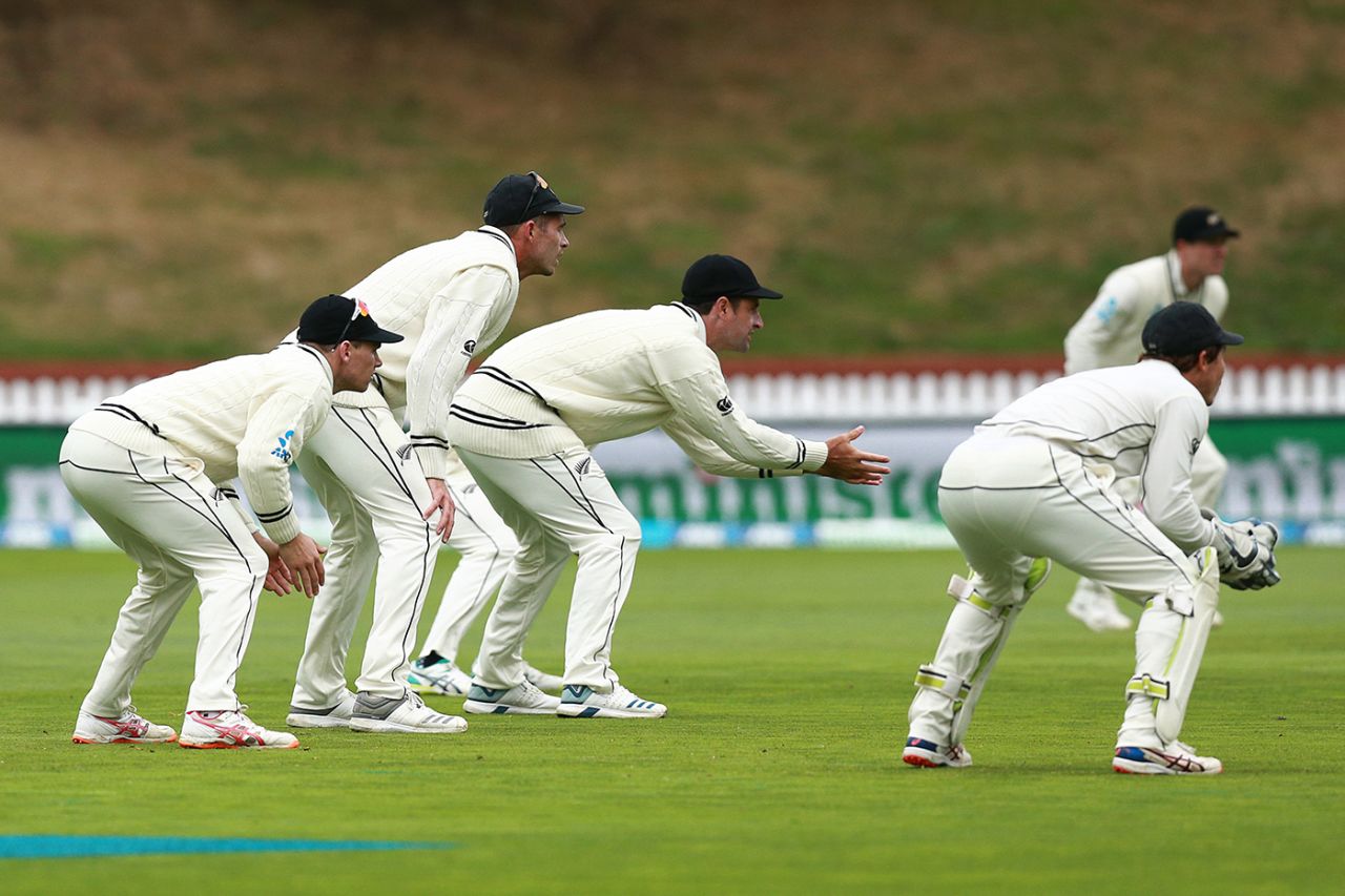 New Zealand's slip cordon waits for a chance, New Zealand v Bangladesh, 2nd Test, Wellington, 3rd day, March 10, 2019