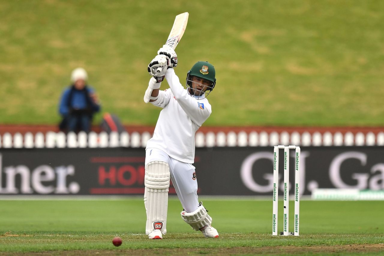 Shadman Islam plays a drive, New Zealand v Bangladesh, 2nd Test, Wellington, 3rd day, March 10, 2019