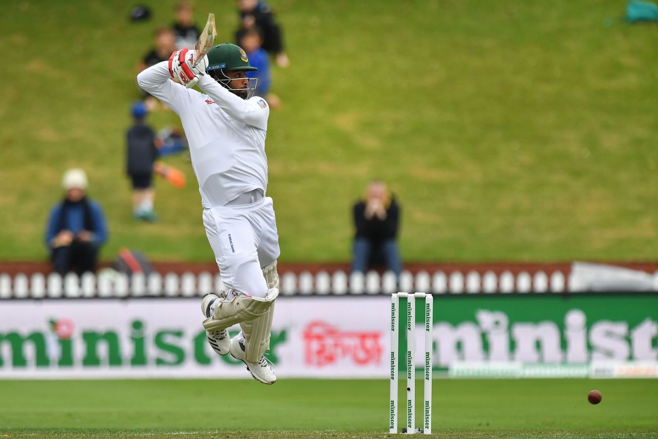 Tamim Iqbal is airborne while working one square off the wicket, New Zealand v Bangladesh, 2nd Test, Wellington, 3rd day, March 10, 2019