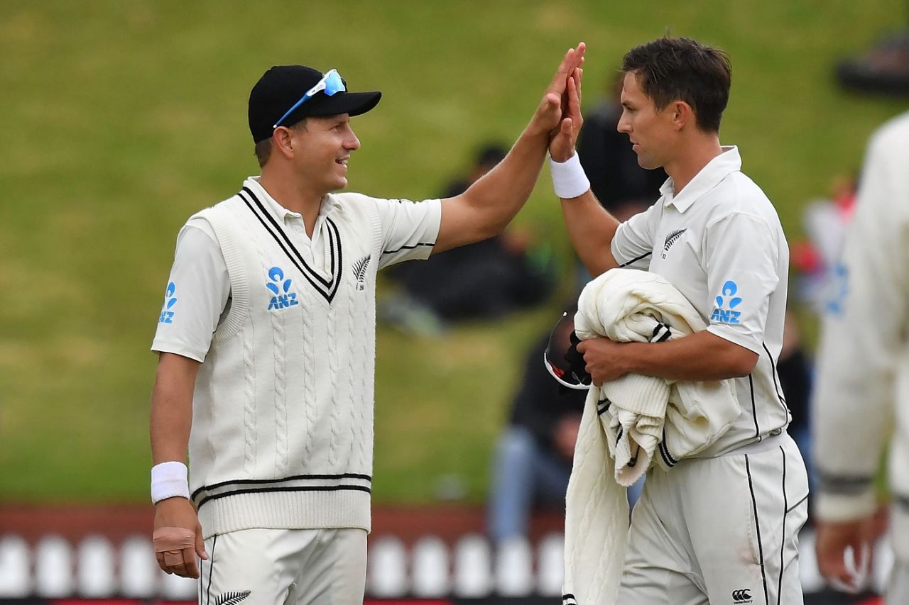 Neil Wagner and Trent Boult celebrate a wicket, New Zealand v Bangladesh, 2nd Test, Wellington, 3rd day, March 10, 2019