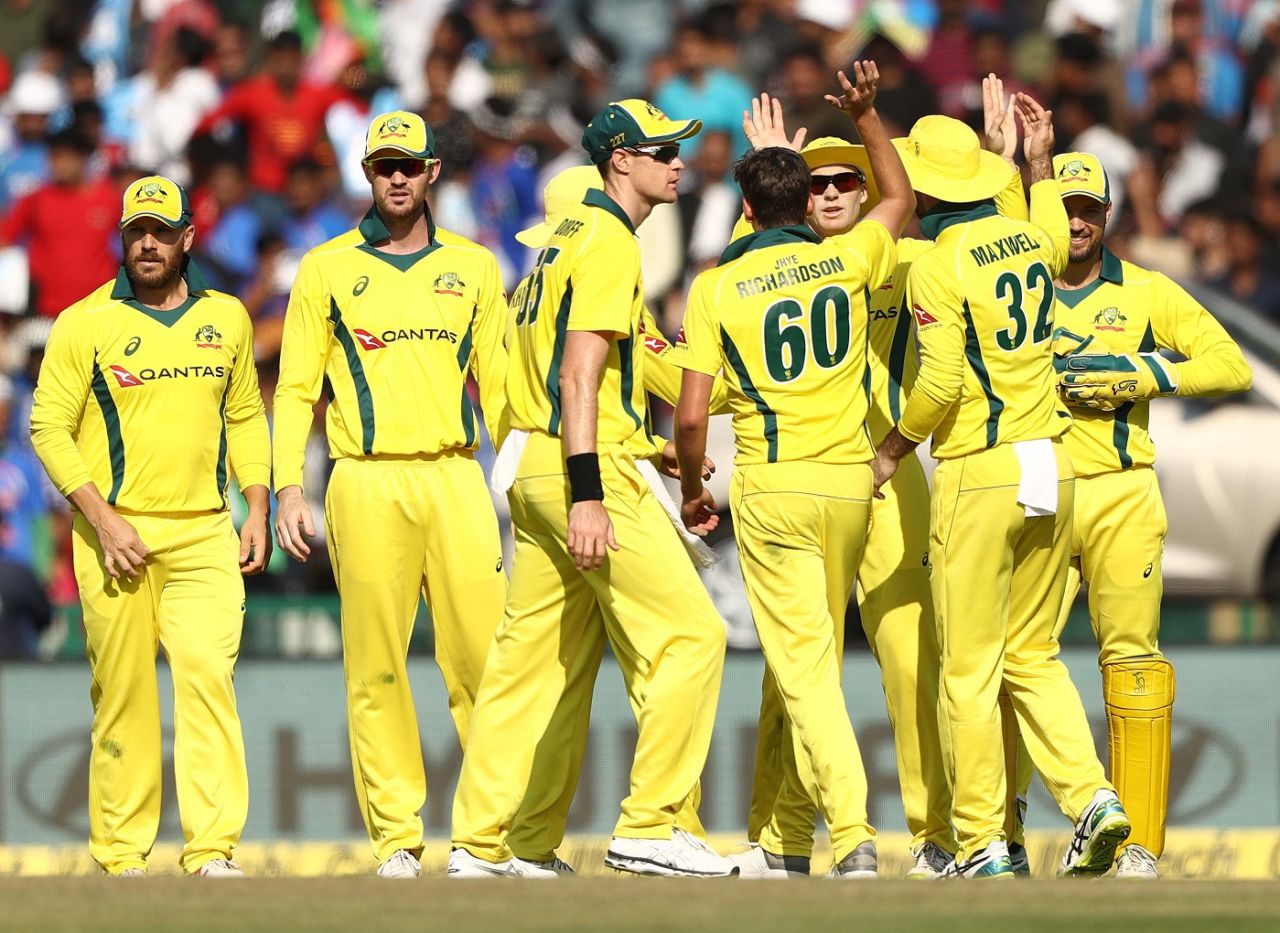 Jhye Richardson celebrates a wicket, India v Australia, 4th ODI, Mohali, March 10, 2019