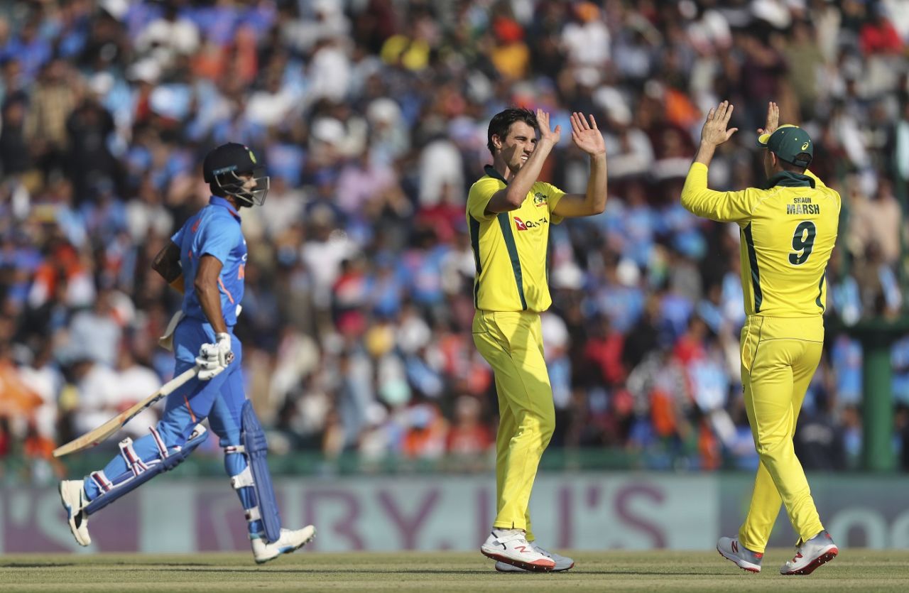 Pat Cummins celebrates an Indian wicket, India v Australia, 4th ODI, Mohali, March 10, 2019